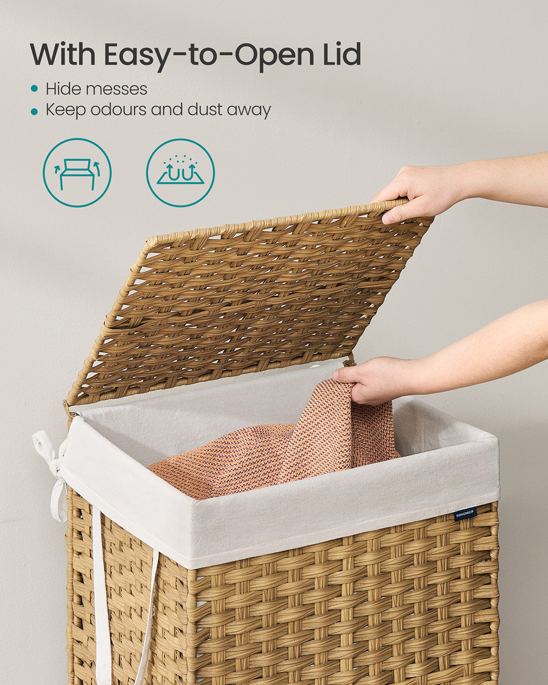 Laundry Basket - Synthetic Rattan - Natural - 110L with Lid and Handles