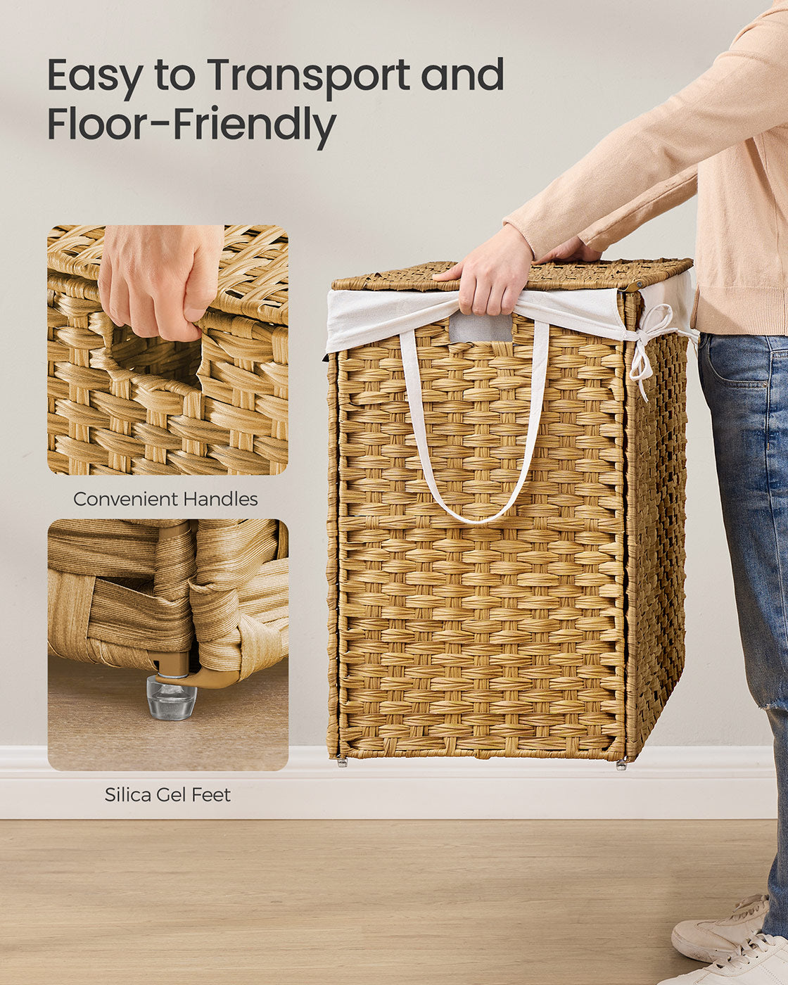 Laundry Basket - Synthetic Rattan - Natural - 110L with Lid and Handles