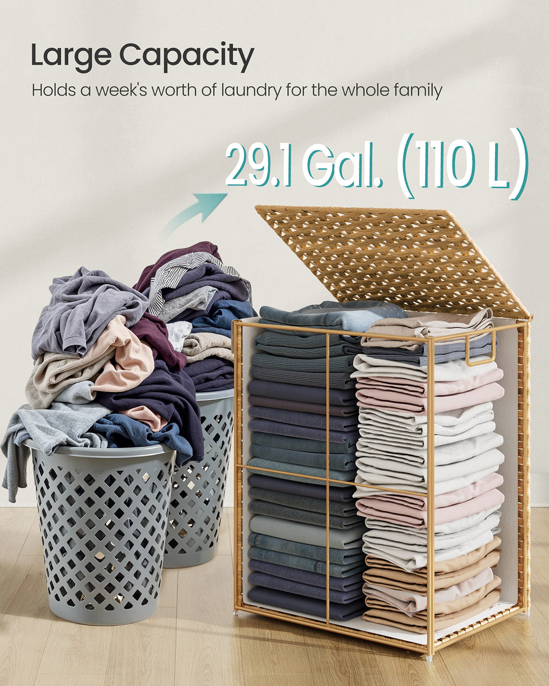Laundry Basket - Synthetic Rattan - Natural - 110L with Lid and Handles