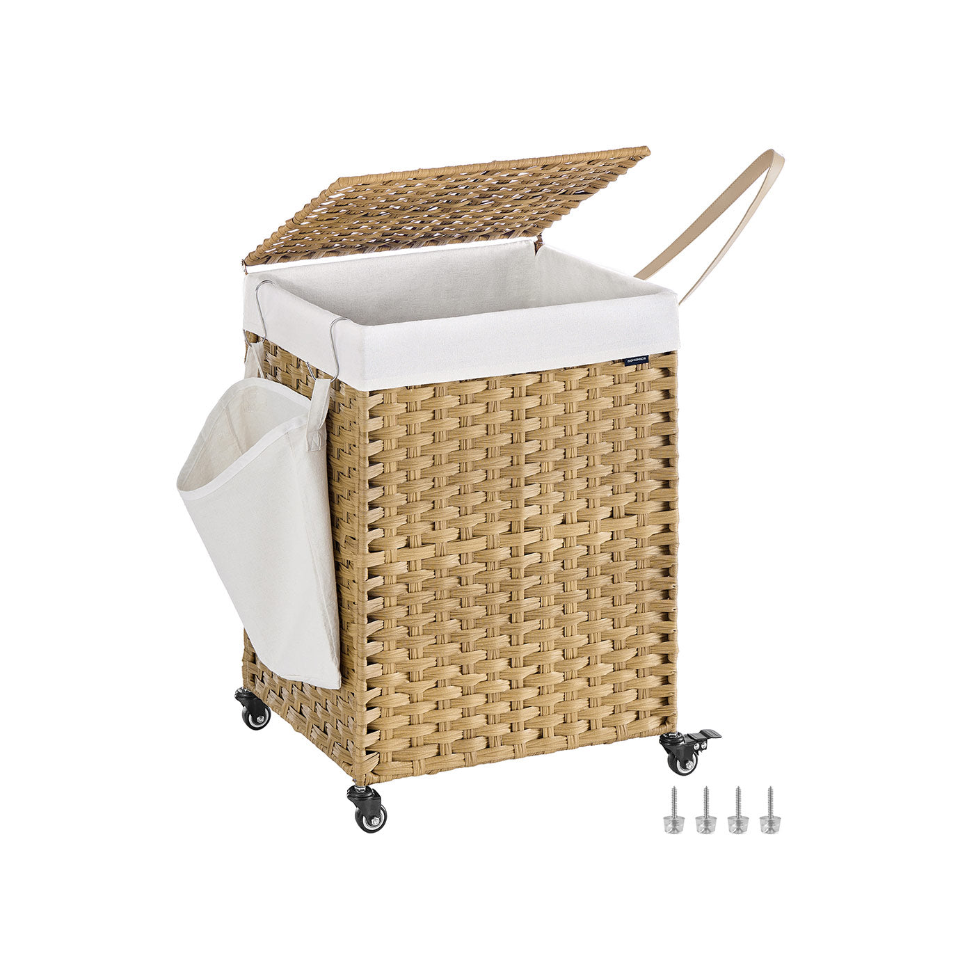 Laundry Basket - Rattan-Style - Natural - 3 Compartments with Lid and Removable Liner