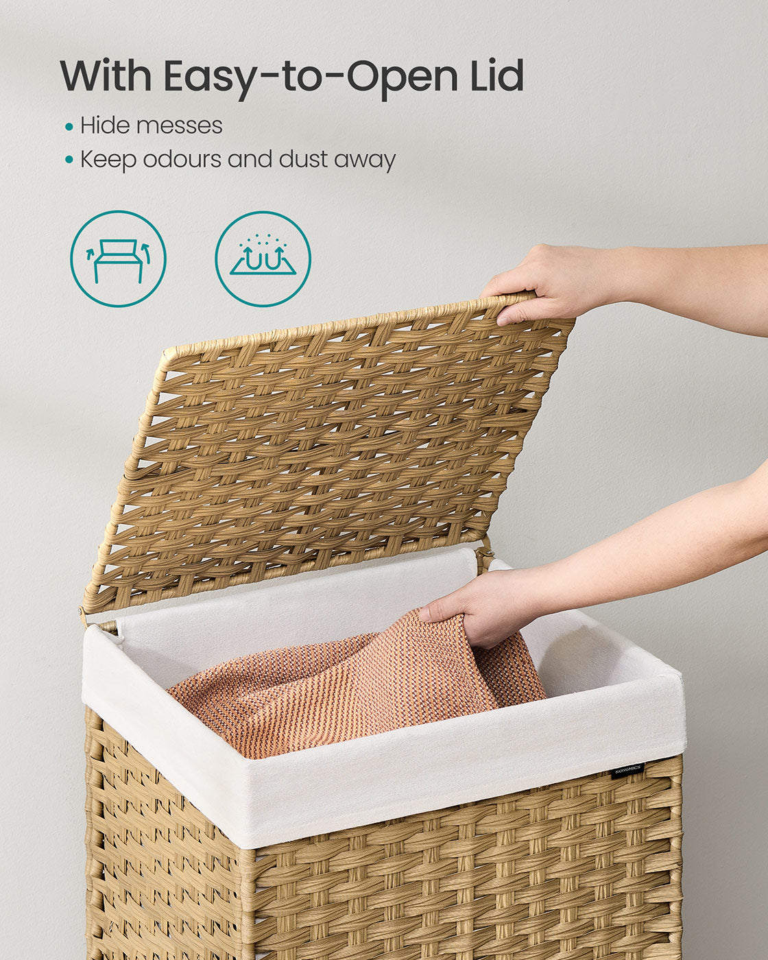 Laundry Basket - Rattan-Style - Natural - 3 Compartments with Lid and Removable Liner