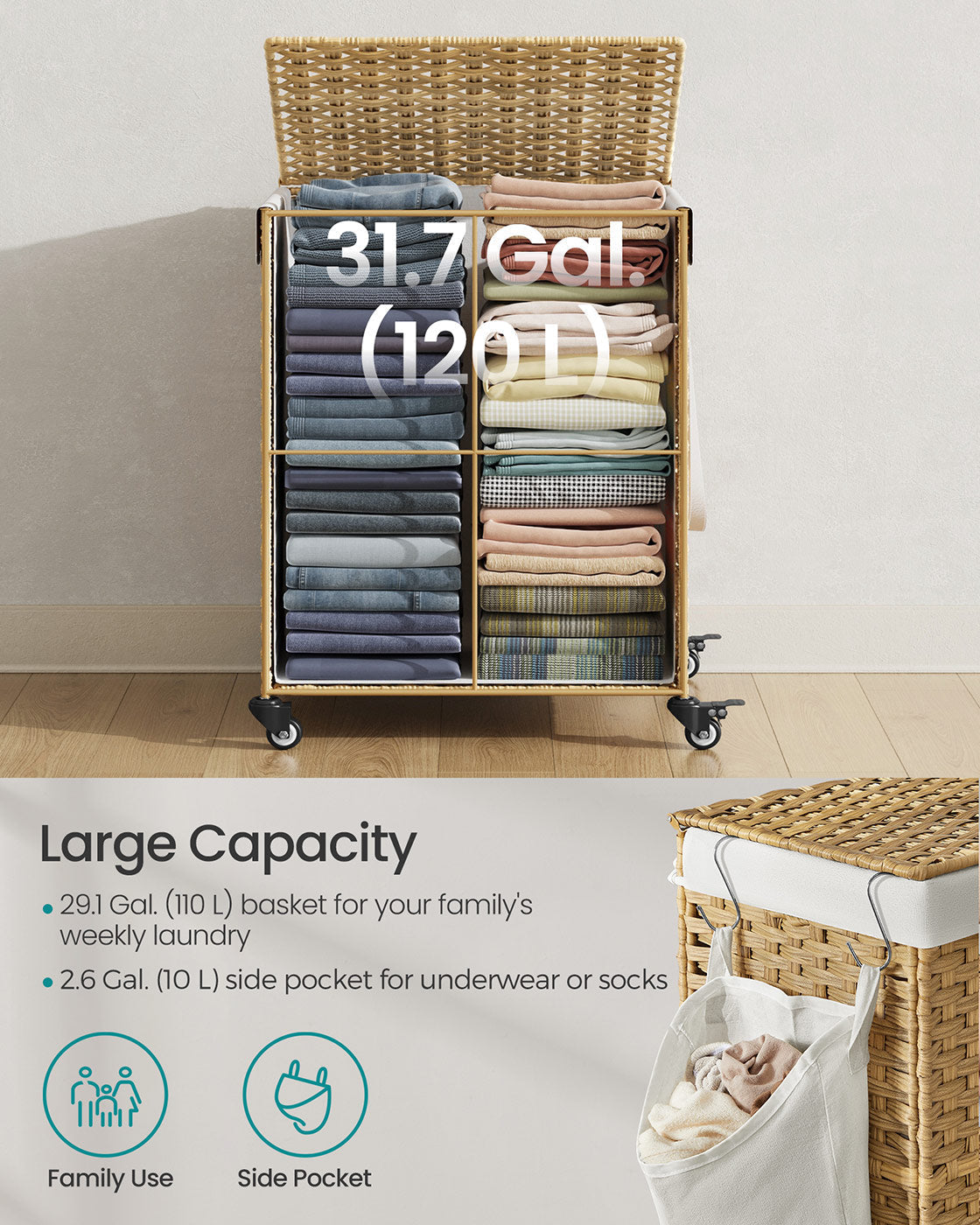 Laundry Basket - Rattan-Style - Natural - 3 Compartments with Lid and Removable Liner