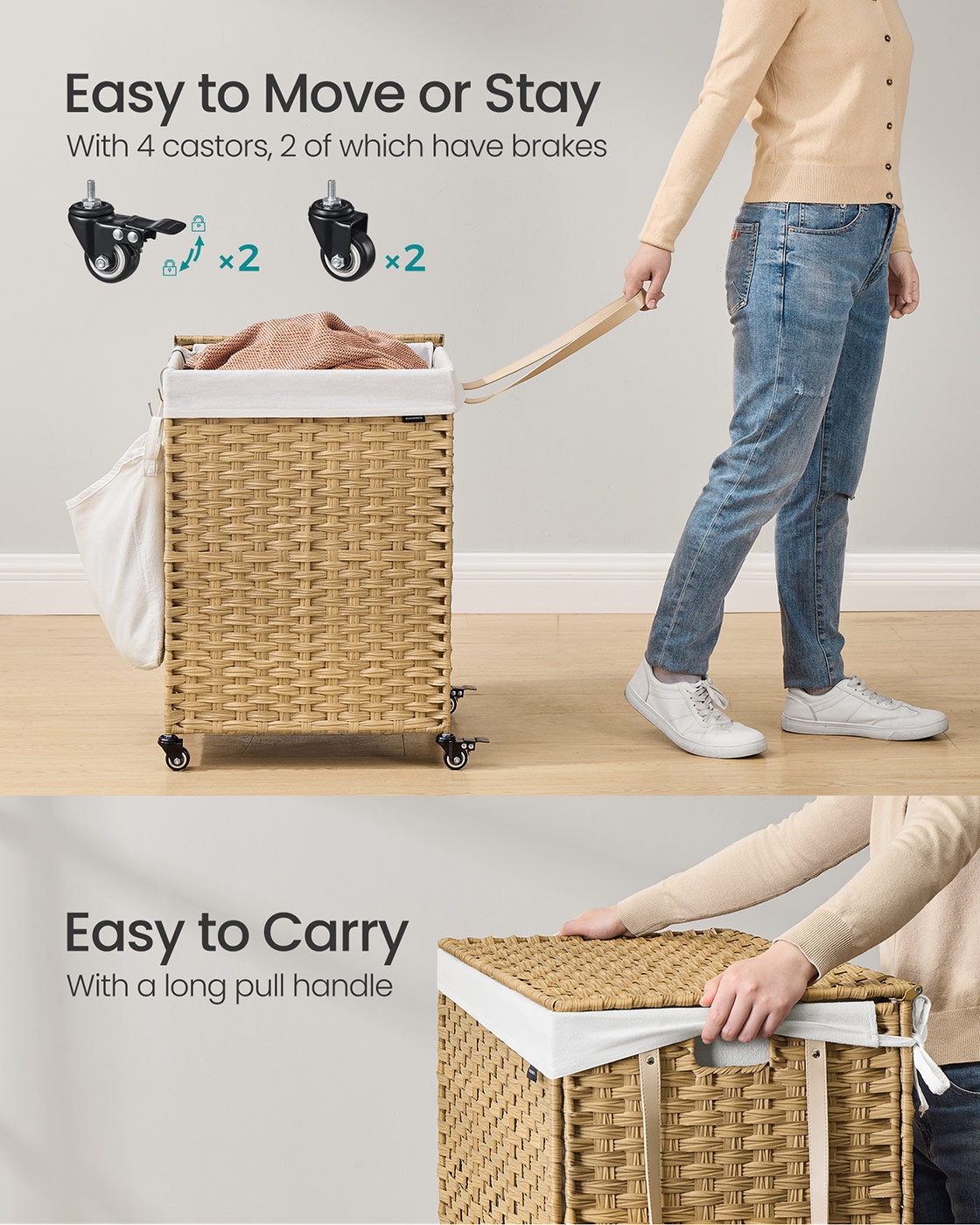 Laundry Basket - Rattan-Style - Natural - 3 Compartments with Lid and Removable Liner