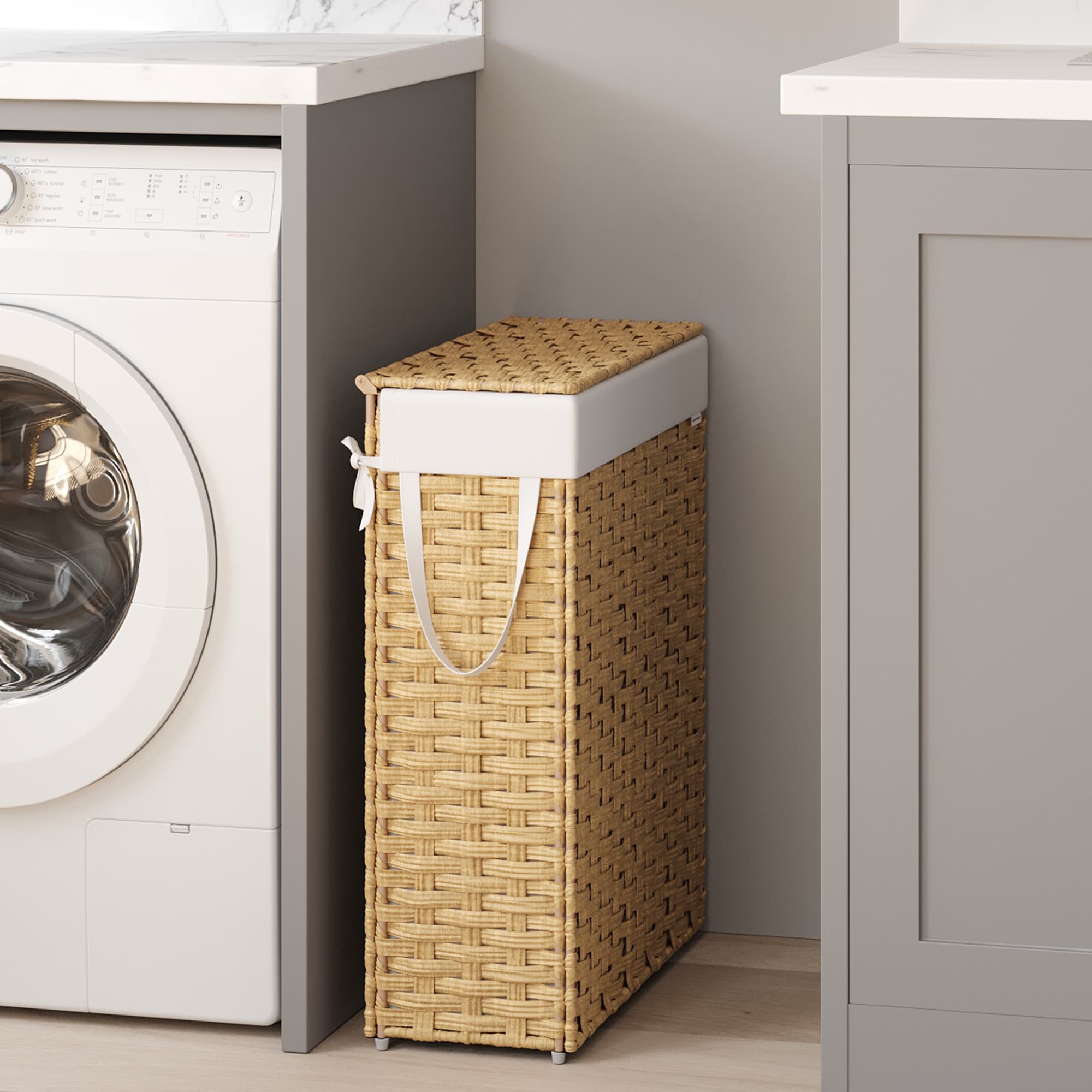 Laundry Hamper - Synthetic Rattan - Cloud White - Foldable with Lid and Removable Bag