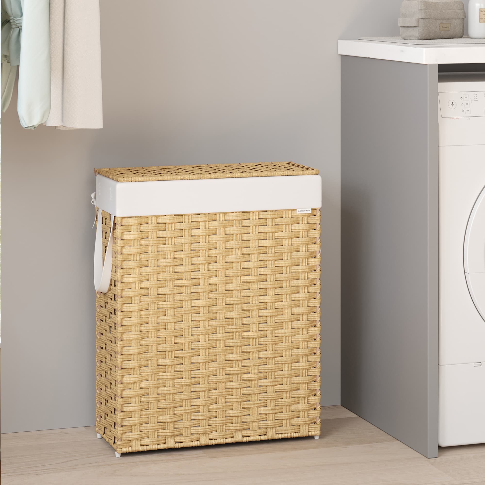 Laundry Hamper - Synthetic Rattan - Cloud White - Foldable with Lid and Removable Bag