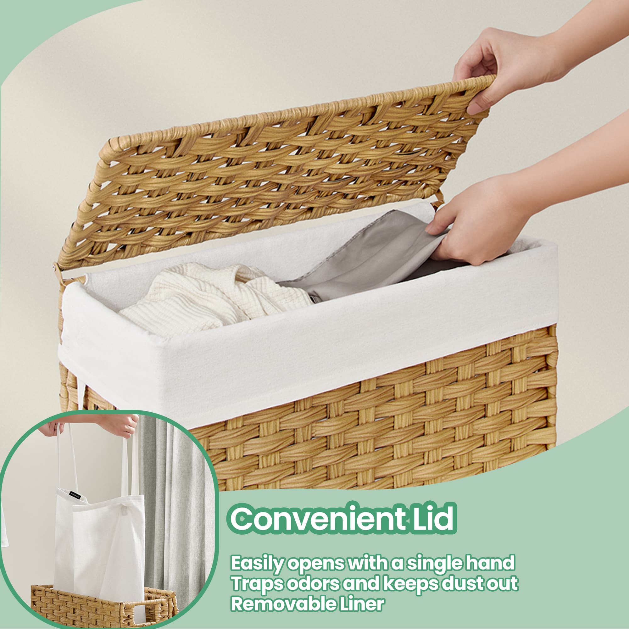 Laundry Hamper - Synthetic Rattan - Cloud White - Foldable with Lid and Removable Bag