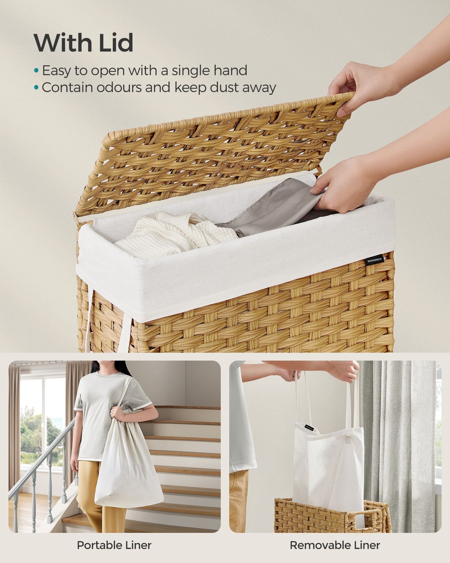 Slim Laundry Basket - Synthetic Rattan - Goose Yellow - 55L Capacity with Lid and Handles