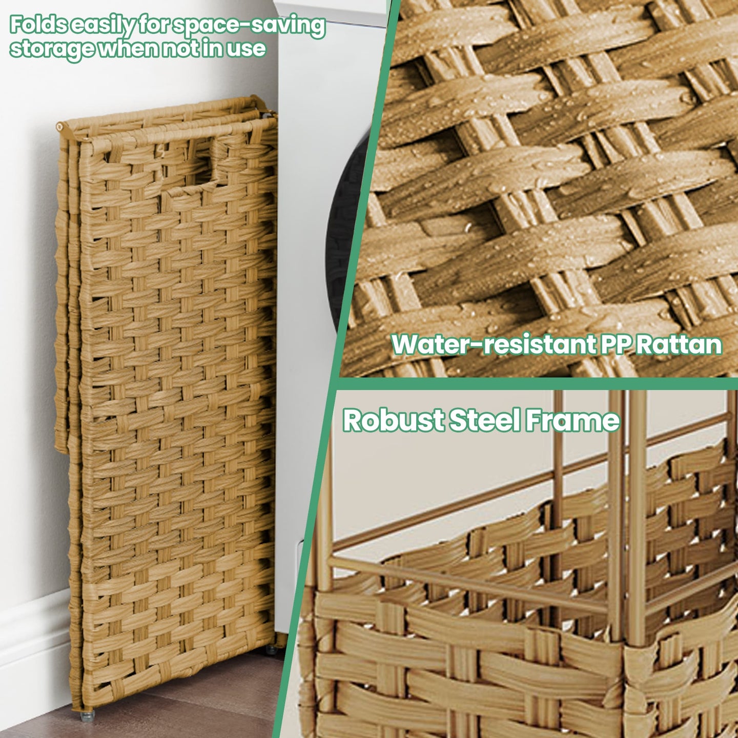 Laundry Hamper - Synthetic Rattan - Cloud White - Foldable with Lid and Removable Bag