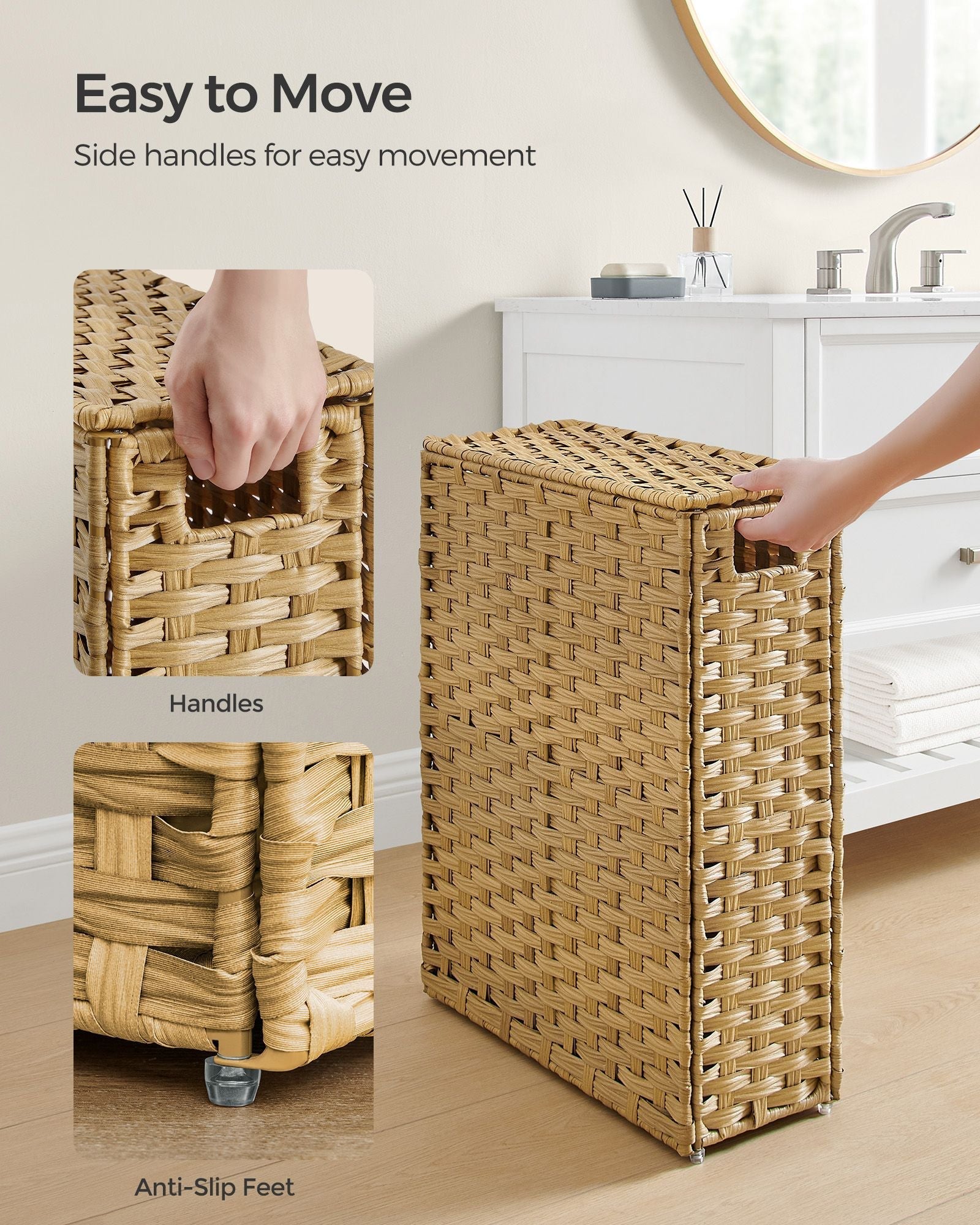 Slim Laundry Basket - Synthetic Rattan - Goose Yellow - 55L Capacity with Lid and Handles