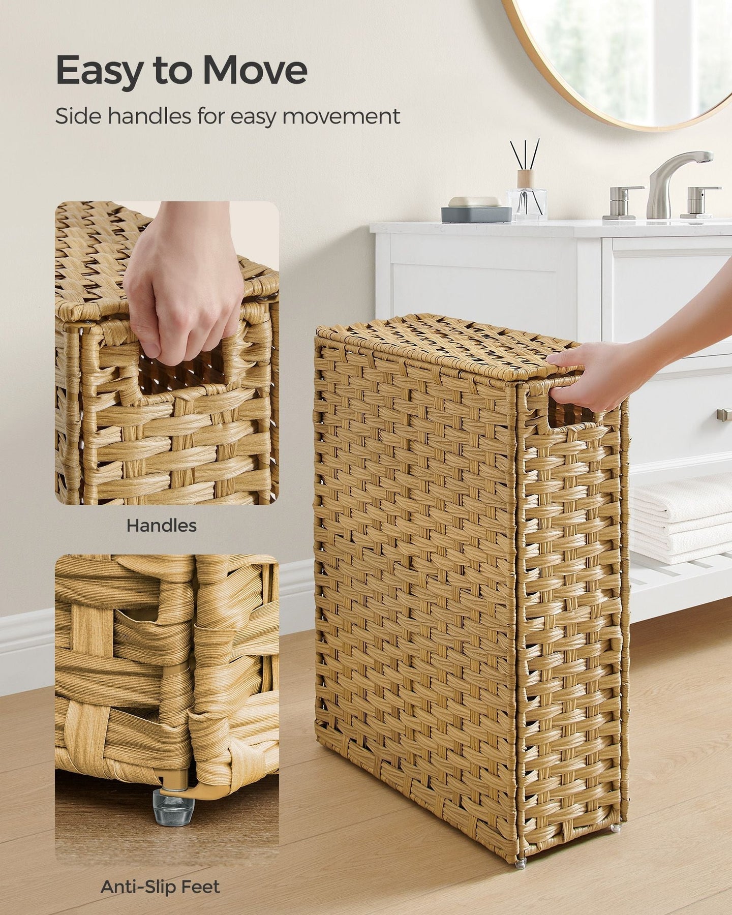 Slim Laundry Basket - Synthetic Rattan - Goose Yellow - 55L Capacity with Lid and Handles