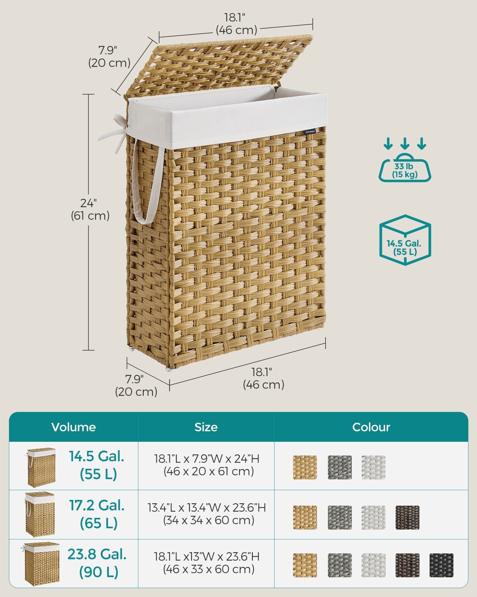 Slim Laundry Basket - Synthetic Rattan - Goose Yellow - 55L Capacity with Lid and Handles