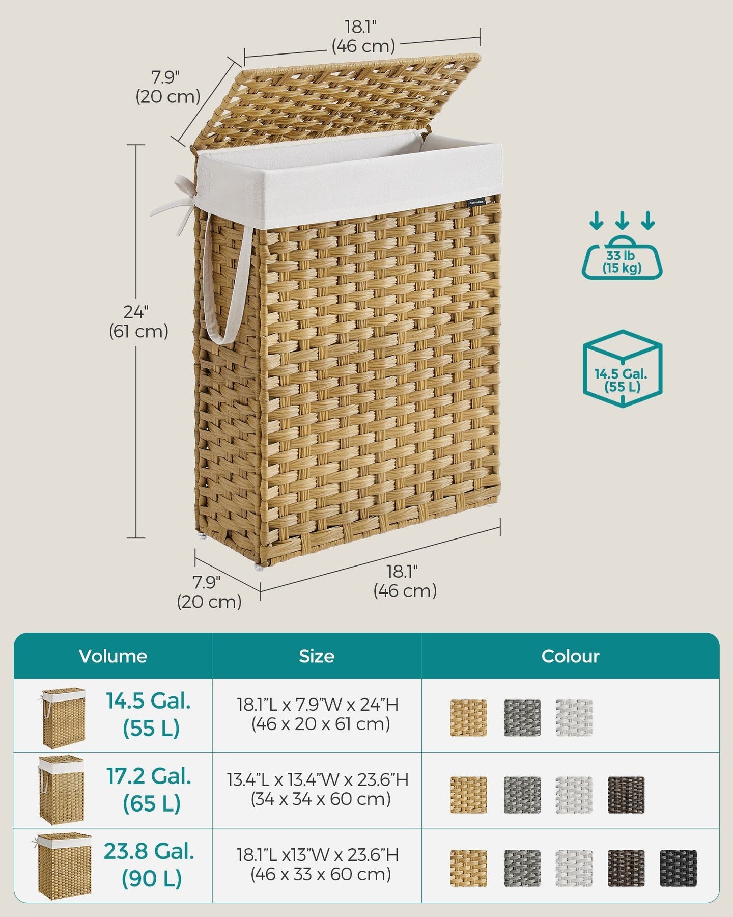 Slim Laundry Basket - Synthetic Rattan - Goose Yellow - 55L Capacity with Lid and Handles