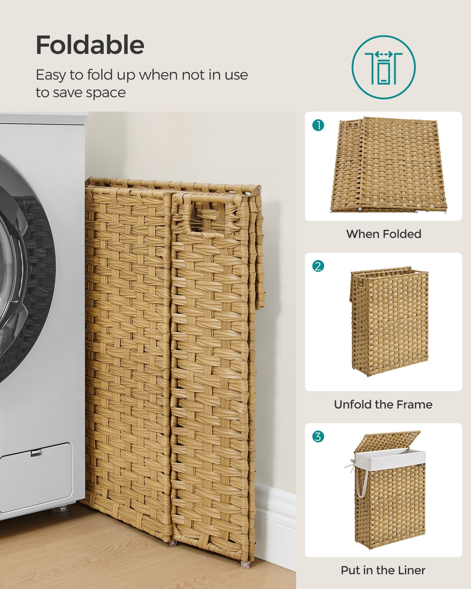 Slim Laundry Basket - Synthetic Rattan - Goose Yellow - 55L Capacity with Lid and Handles