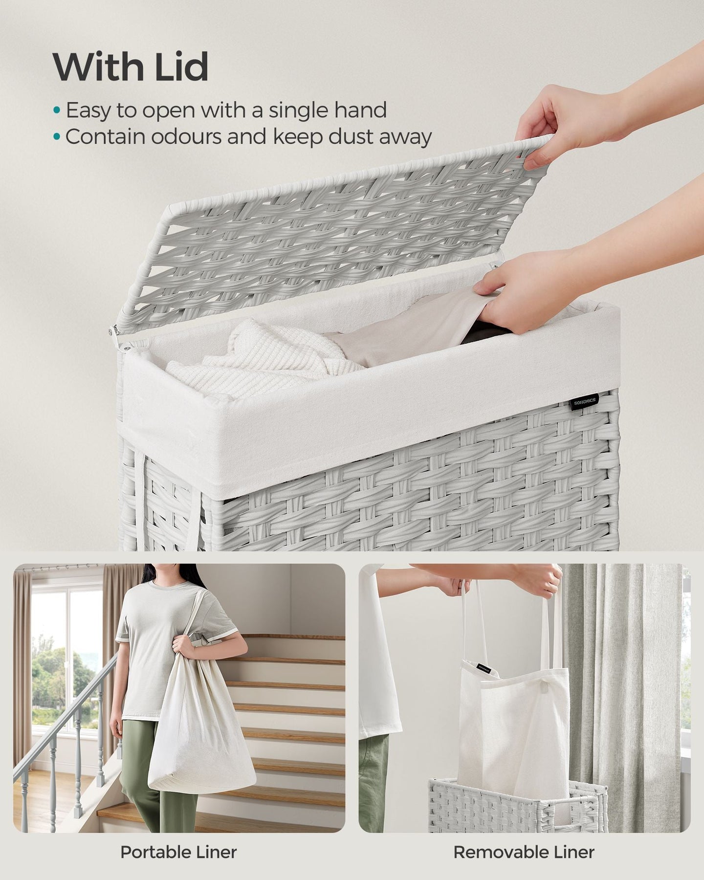 Slim Laundry Basket - Synthetic Rattan - Cloud White - Foldable with Lid and Handles
