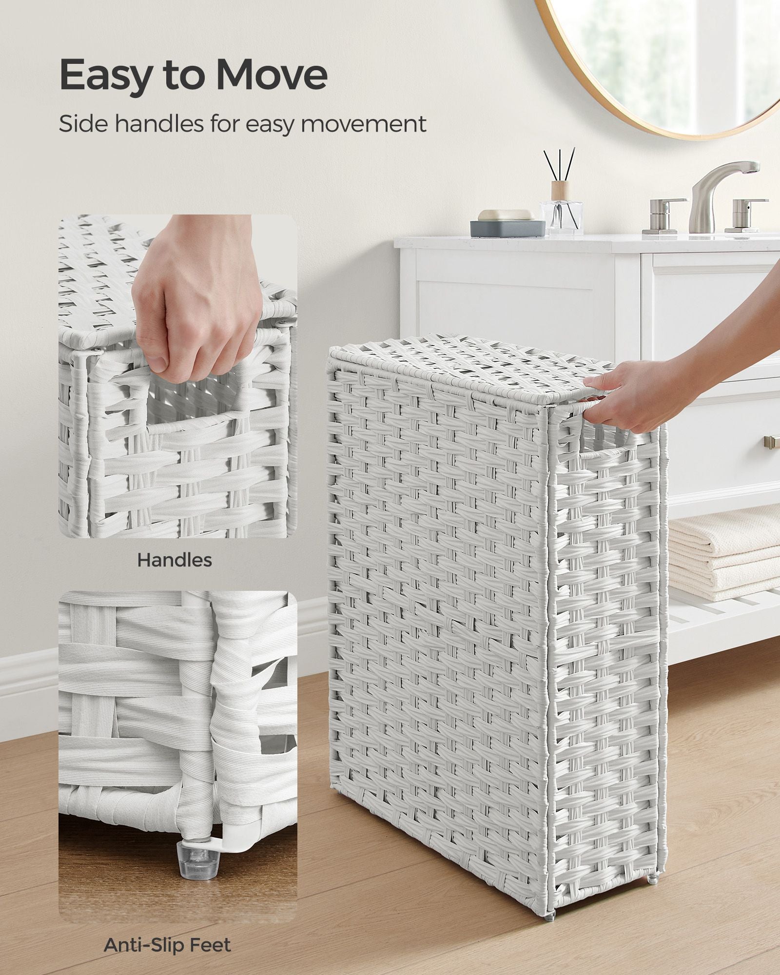 Slim Laundry Basket - Synthetic Rattan - Cloud White - Foldable with Lid and Handles