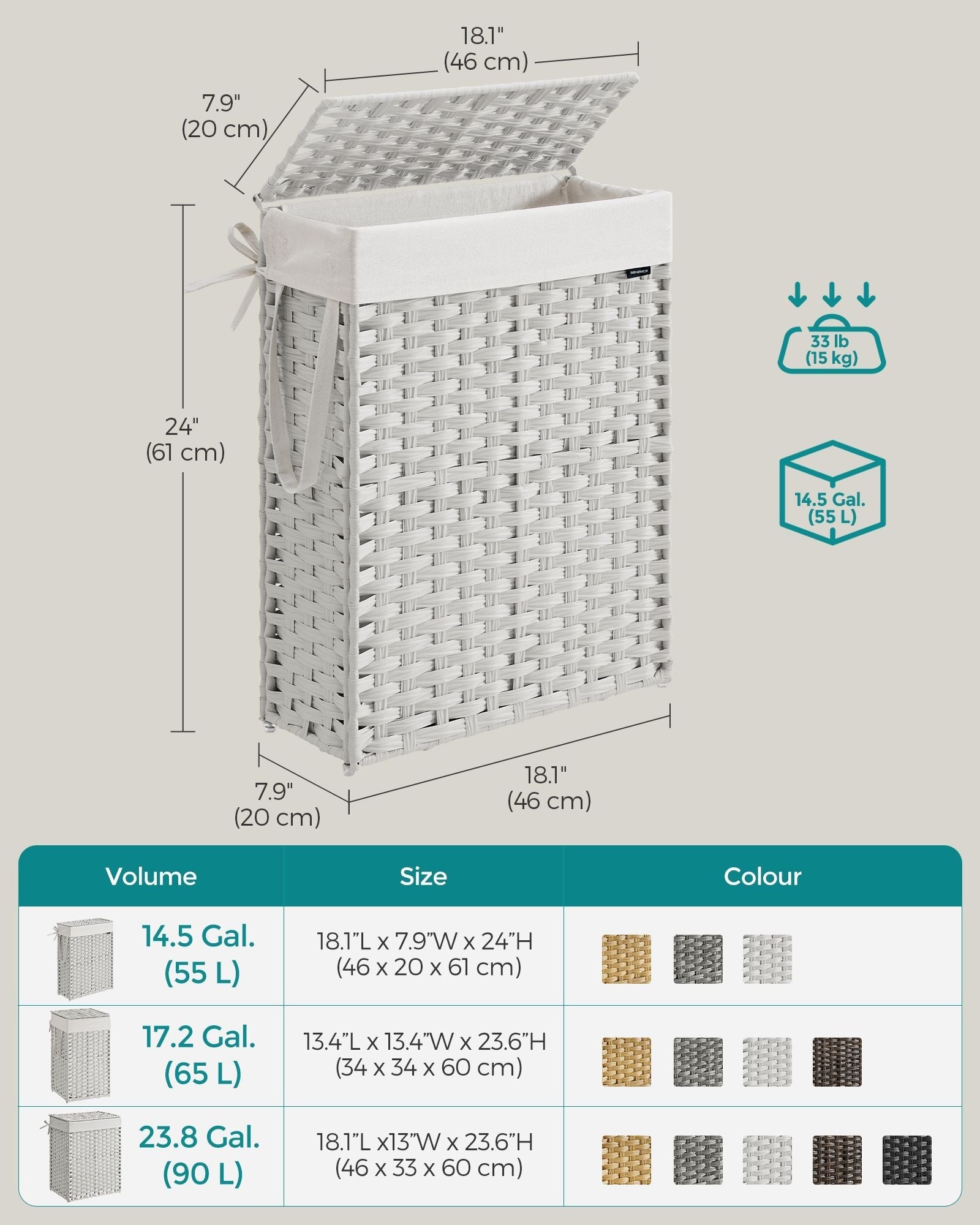 Slim Laundry Basket - Synthetic Rattan - Cloud White - Foldable with Lid and Handles