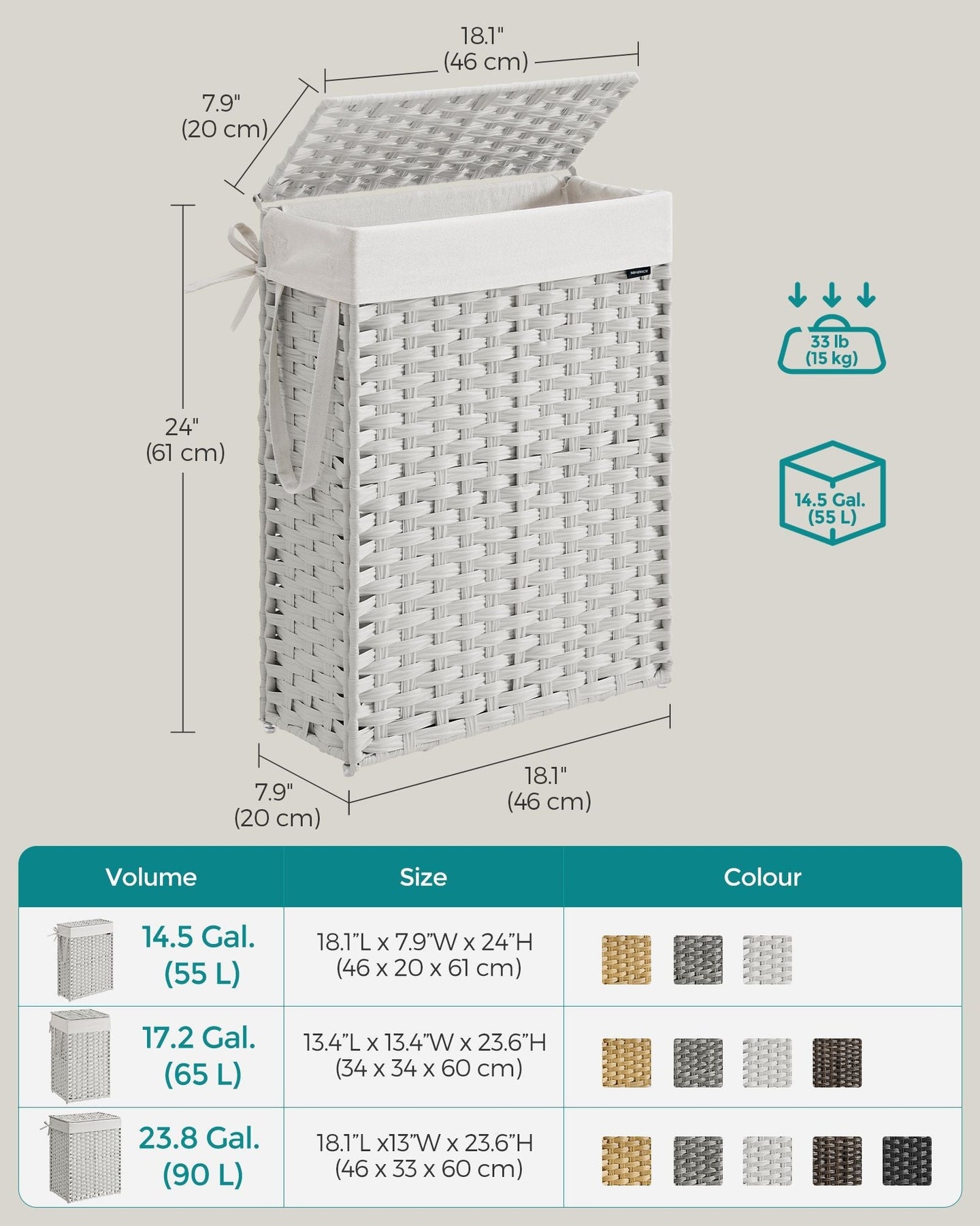 Slim Laundry Basket - Synthetic Rattan - Cloud White - Foldable with Lid and Handles