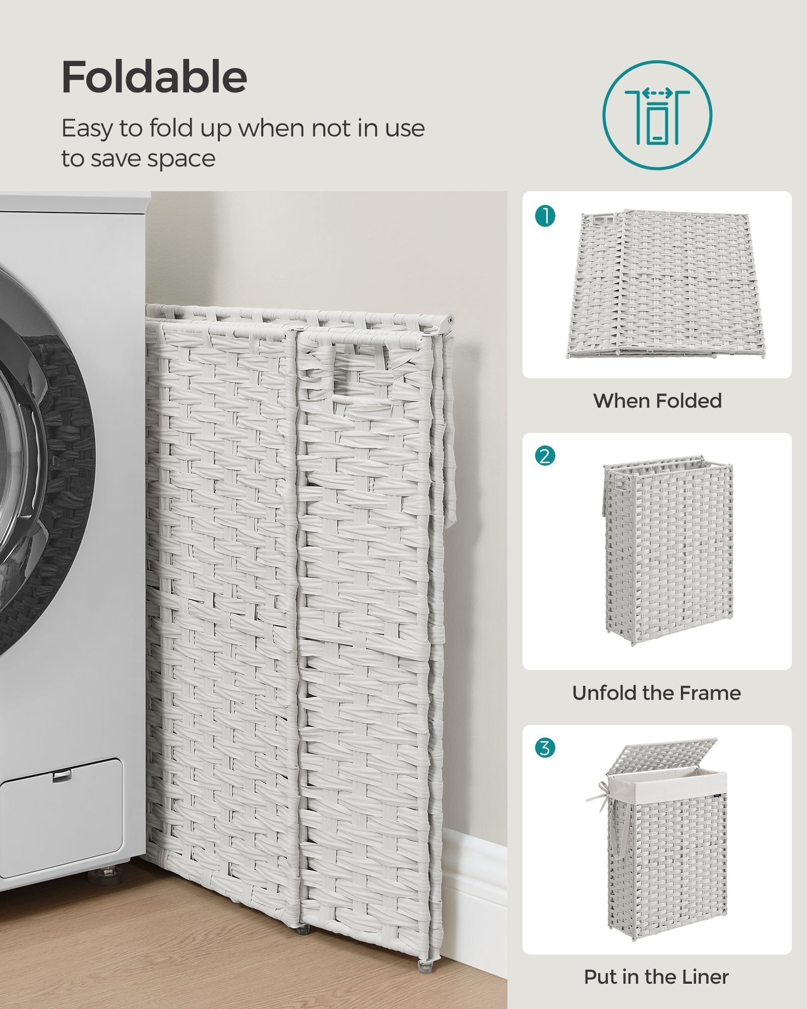 Slim Laundry Basket - Synthetic Rattan - Cloud White - Foldable with Lid and Handles