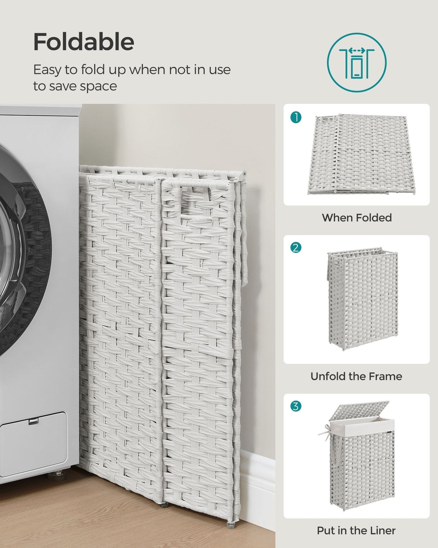 Slim Laundry Basket - Synthetic Rattan - Cloud White - Foldable with Lid and Handles