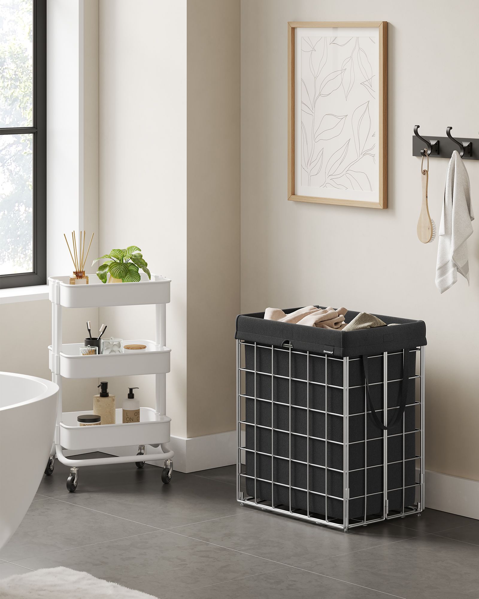 Laundry Basket - Metal Wire Frame - Silver and Classic Black - 110L Capacity with Removable Liner