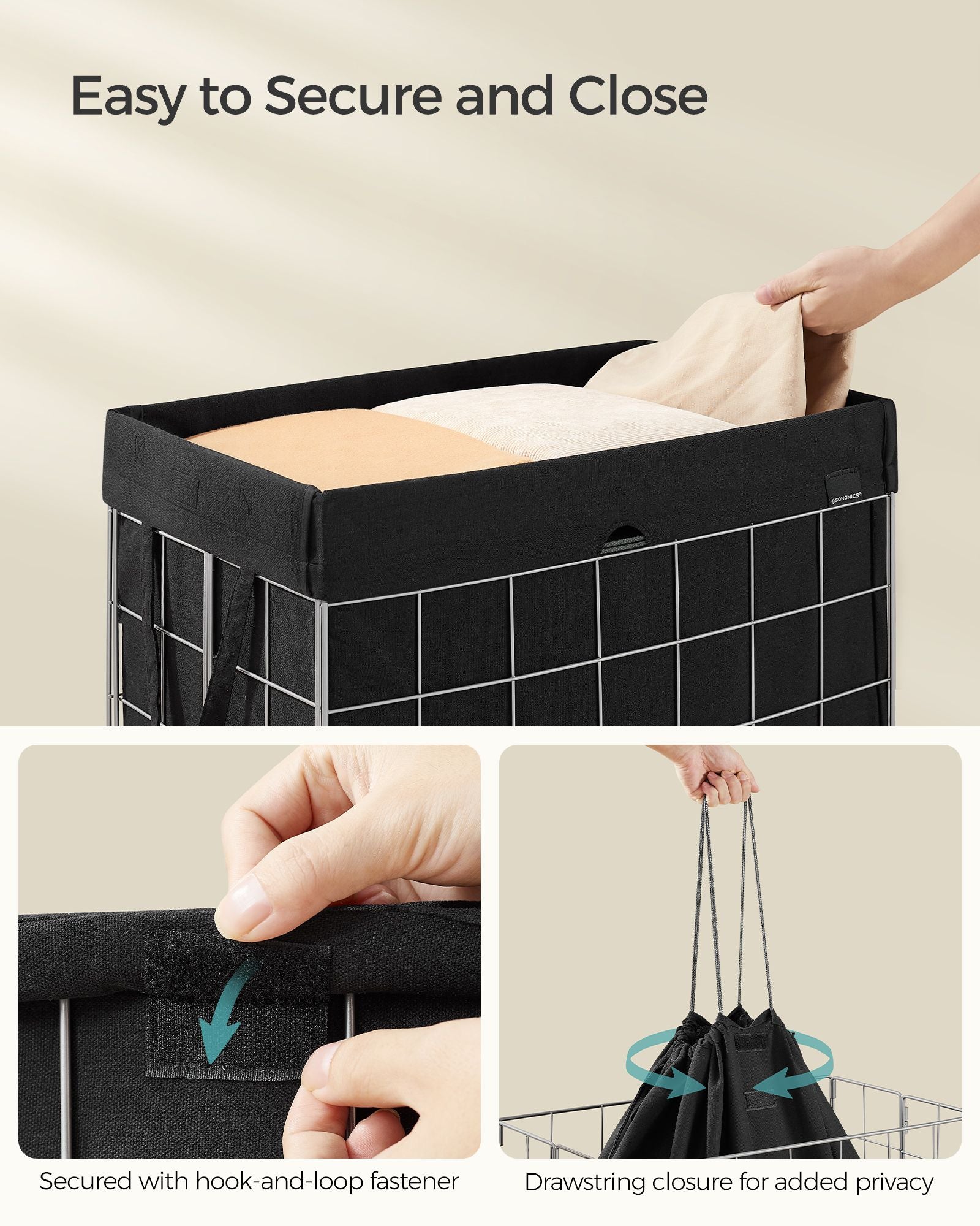 Laundry Basket - Metal Wire Frame - Silver and Classic Black - 110L Capacity with Removable Liner