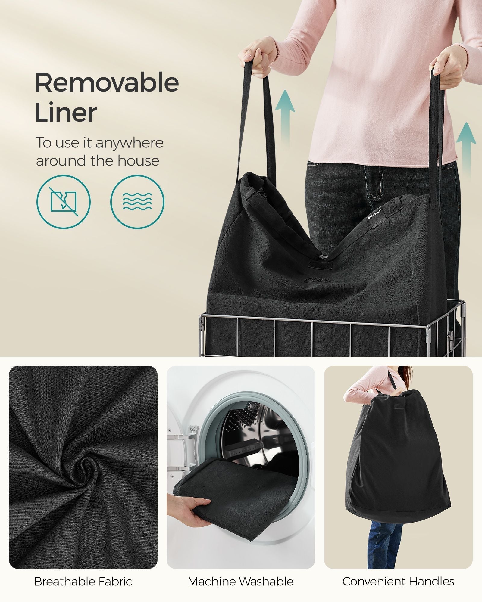 Laundry Basket - Metal Wire Frame - Silver and Classic Black - 110L Capacity with Removable Liner