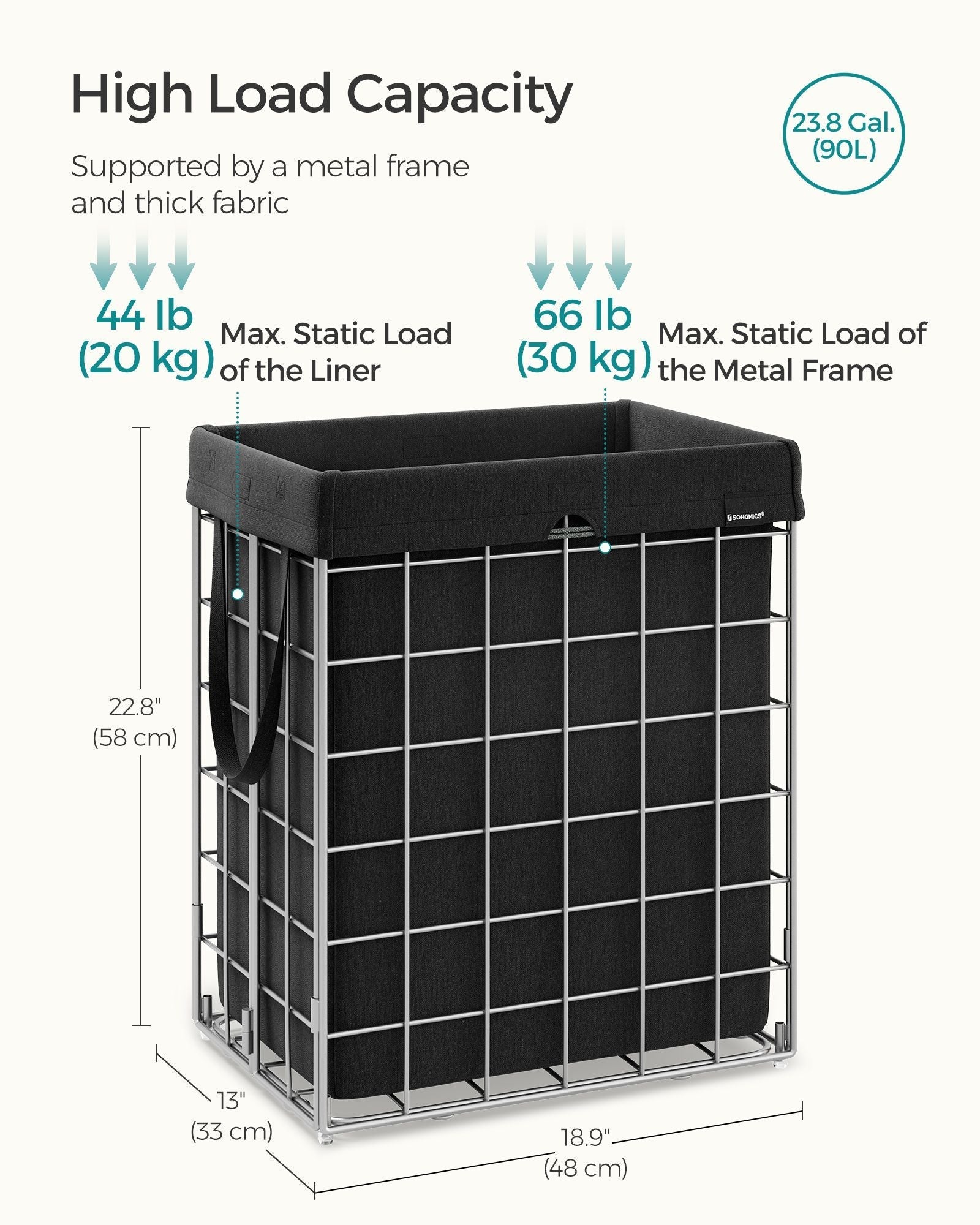 Laundry Basket - Metal Wire Frame - Silver and Classic Black - 110L Capacity with Removable Liner