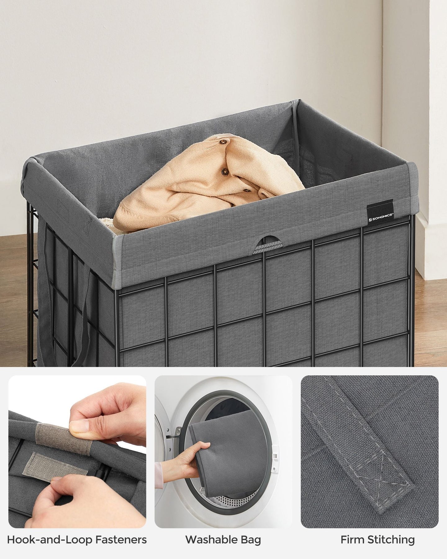 Collapsible Laundry Basket - Metal Wire Frame - Ink Black and Slate Grey - Removable and Washable Liner