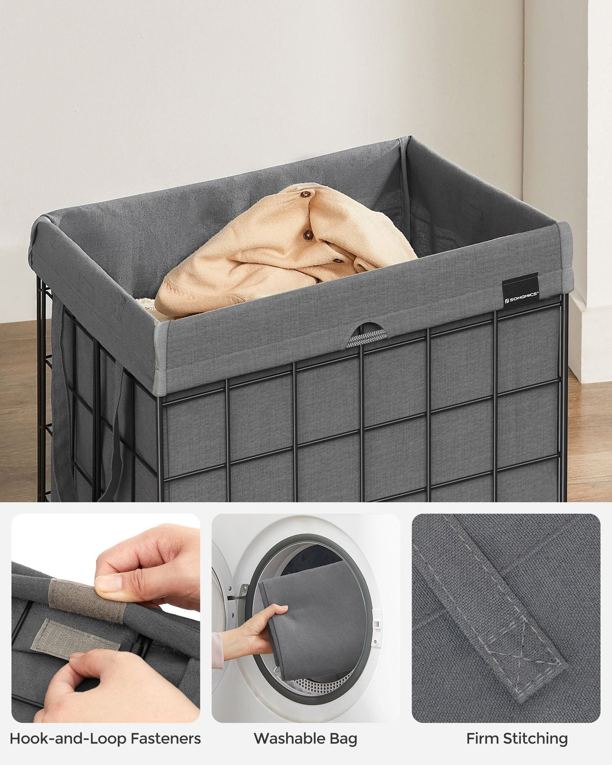 Collapsible Laundry Basket - Metal Wire Frame - Ink Black and Slate Grey - Removable and Washable Liner