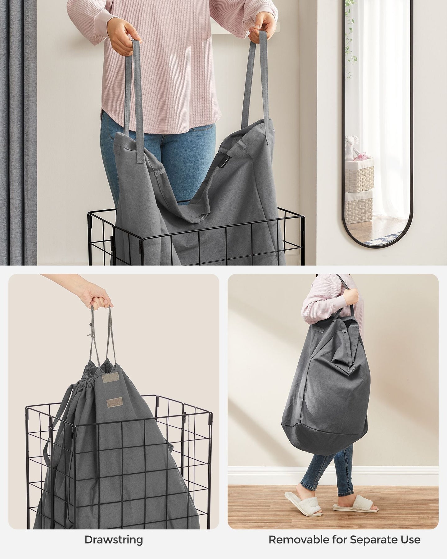 Collapsible Laundry Basket - Metal Wire Frame - Ink Black and Slate Grey - Removable and Washable Liner