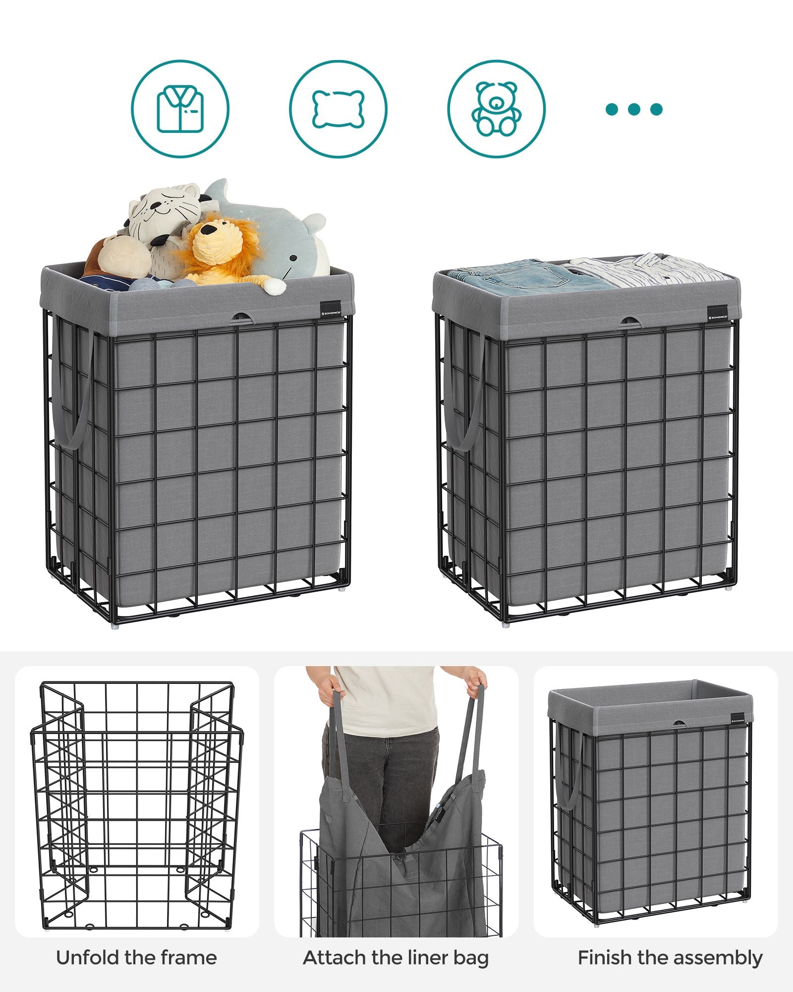 Collapsible Laundry Basket - Metal Wire Frame - Ink Black and Slate Grey - Removable and Washable Liner