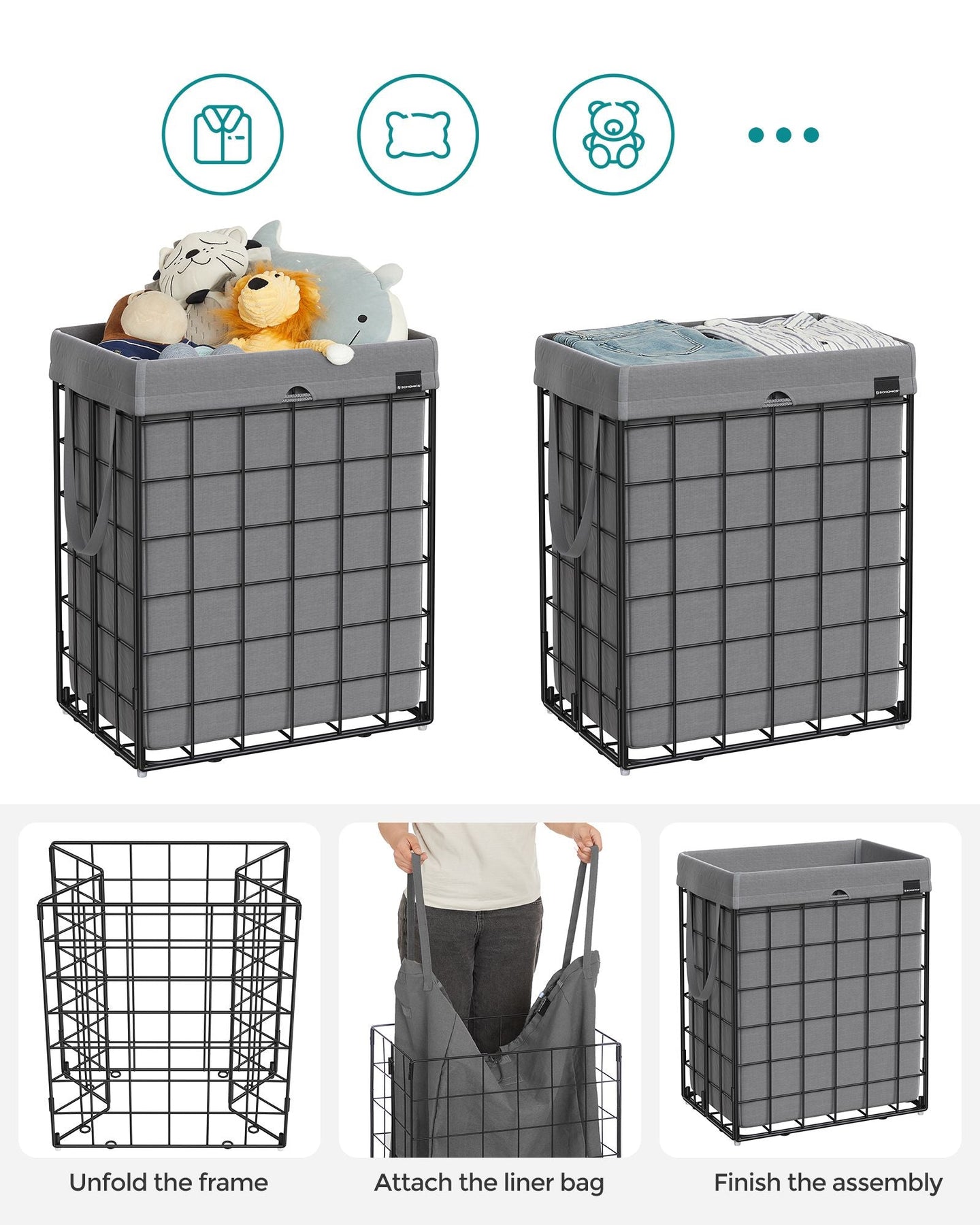 Collapsible Laundry Basket - Metal Wire Frame - Ink Black and Slate Grey - Removable and Washable Liner