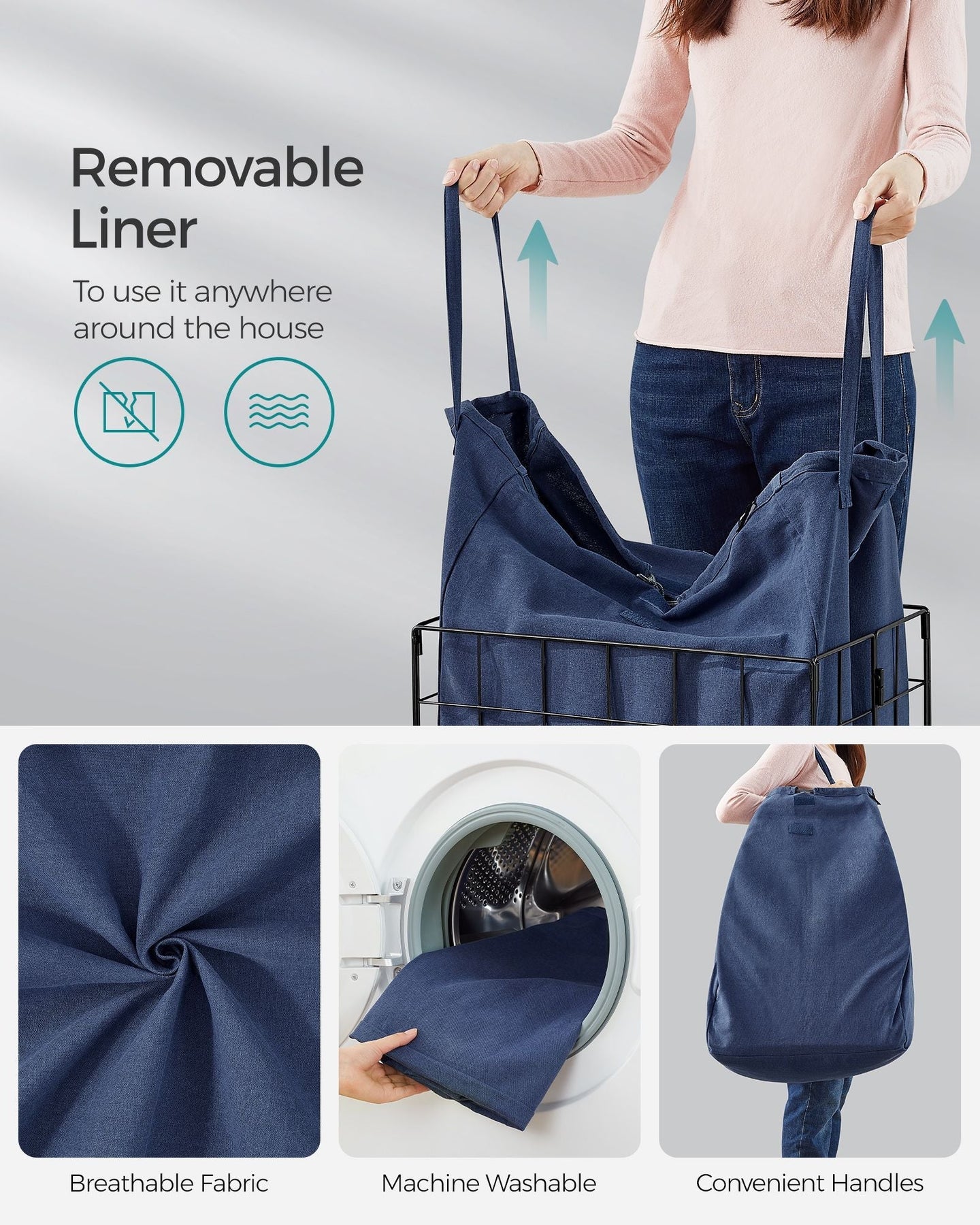 Laundry Basket - Metal Wire Frame - Gray - Collapsible with Removable Washable Liner