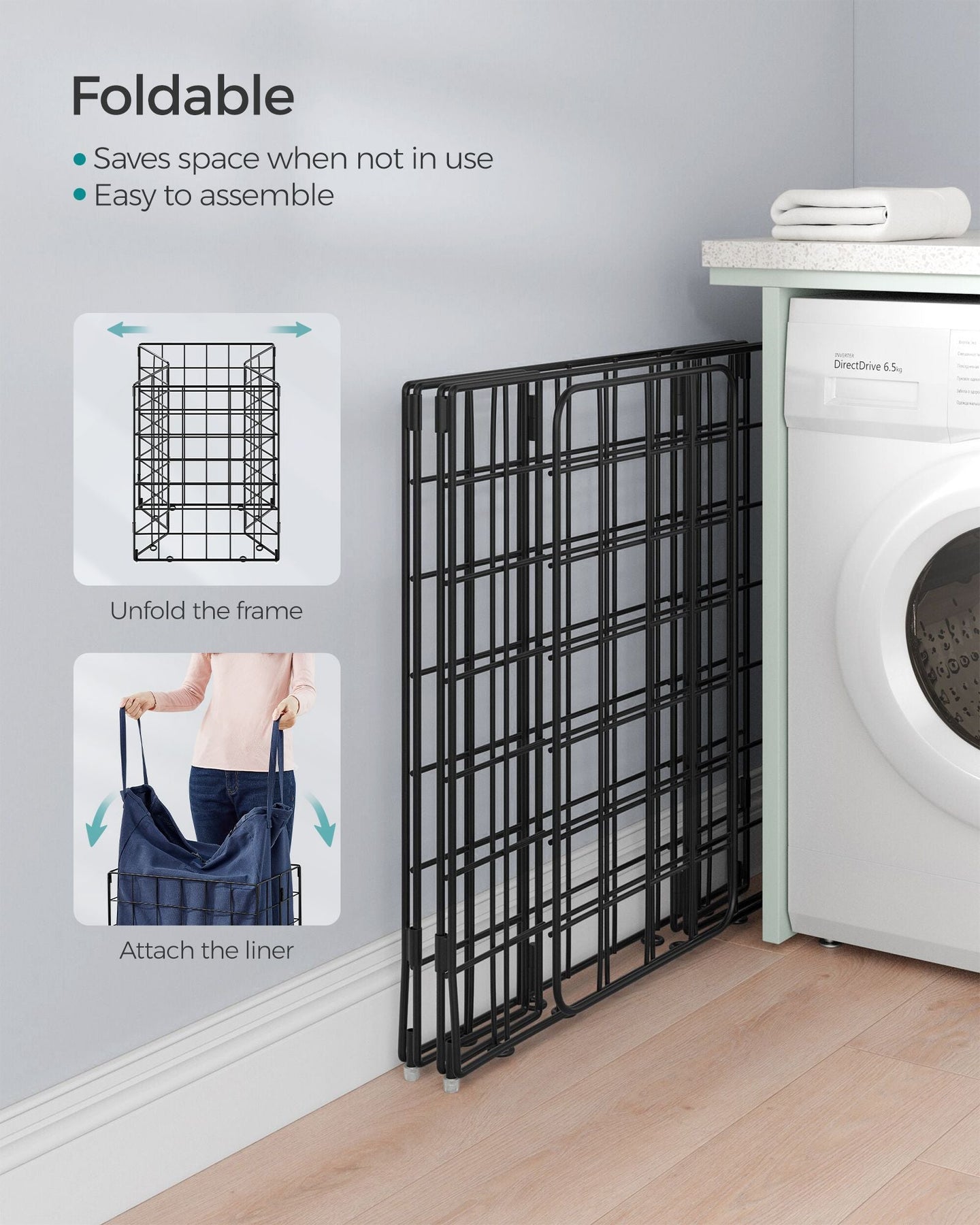 Laundry Basket - Metal Wire Frame - Gray - Collapsible with Removable Washable Liner