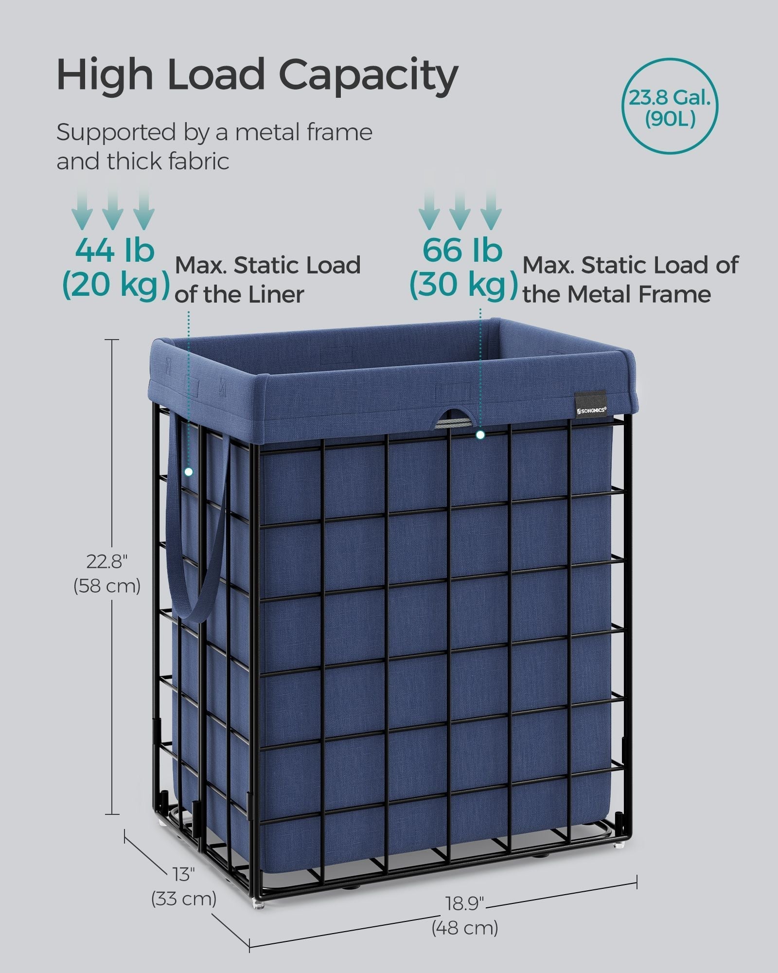 Laundry Basket - Metal Wire Frame - Gray - Collapsible with Removable Washable Liner