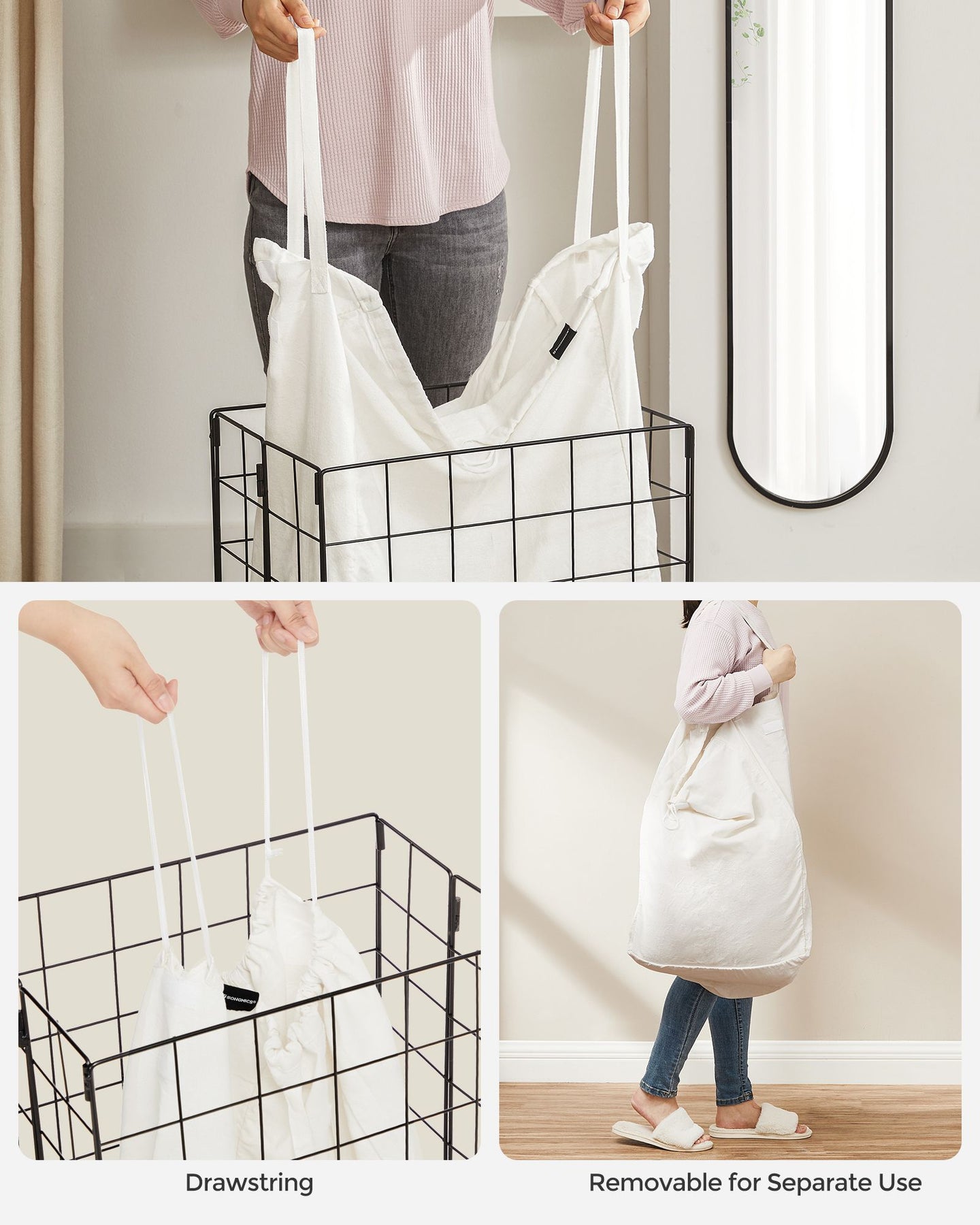 Collapsible Laundry Basket - Metal Wire Frame - Ink Black - Removable and Washable Liner