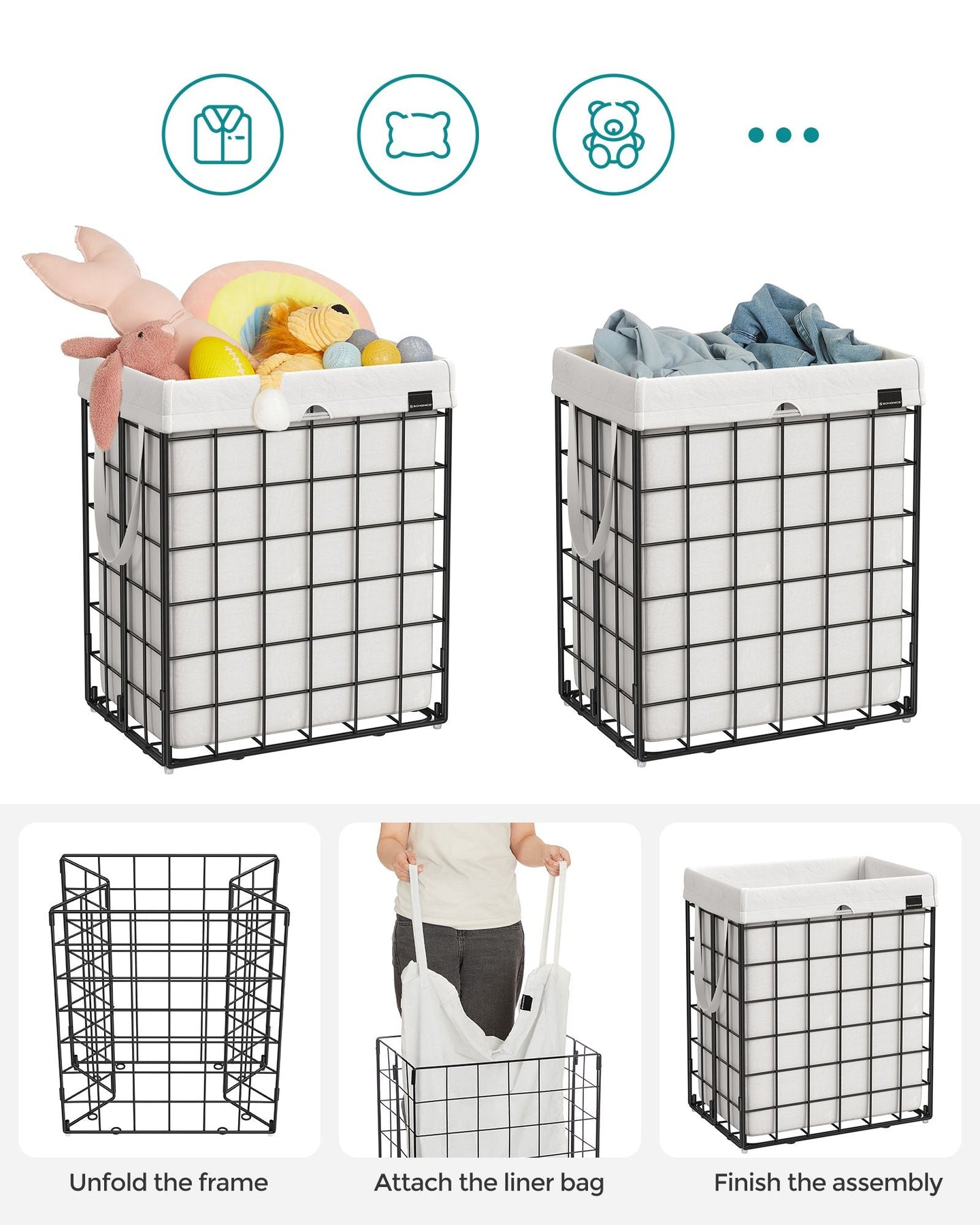 Collapsible Laundry Basket - Metal Wire Frame - Ink Black - Removable and Washable Liner