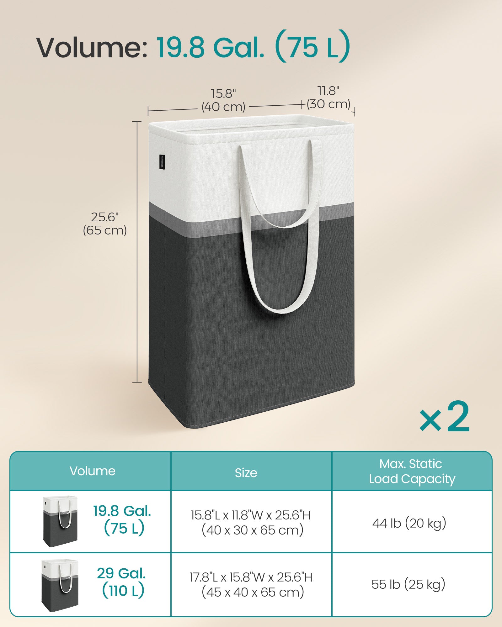Collapsible Laundry Hamper Set of 2 - Fabric - Ink Black - 75 L Capacity
