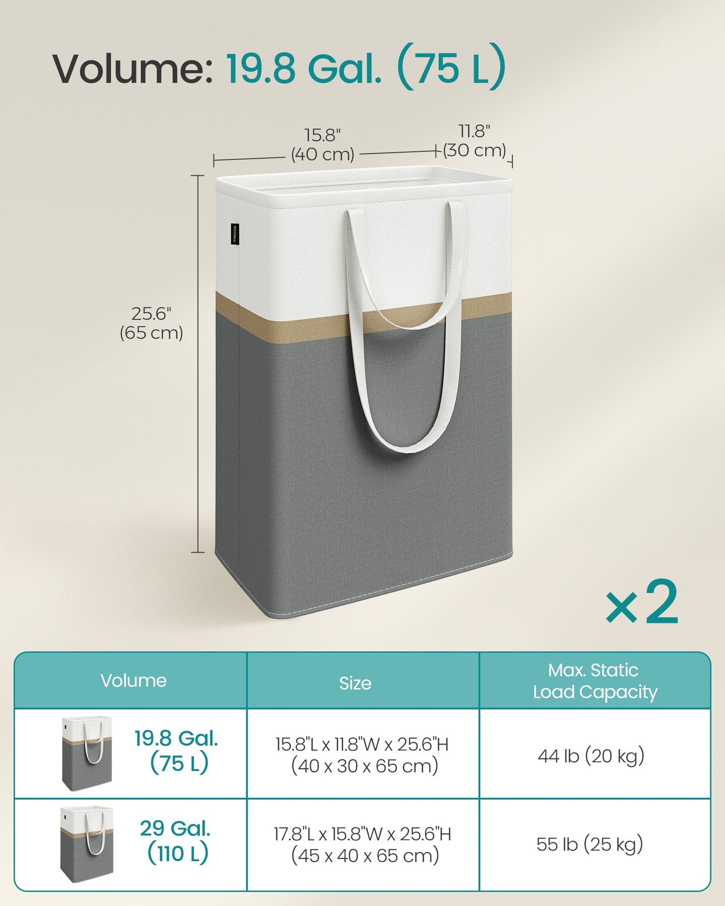 Collapsible Laundry Hamper Set - 75 L Capacity - Fabric - Slate Grey - Freestanding and Easy to Transport