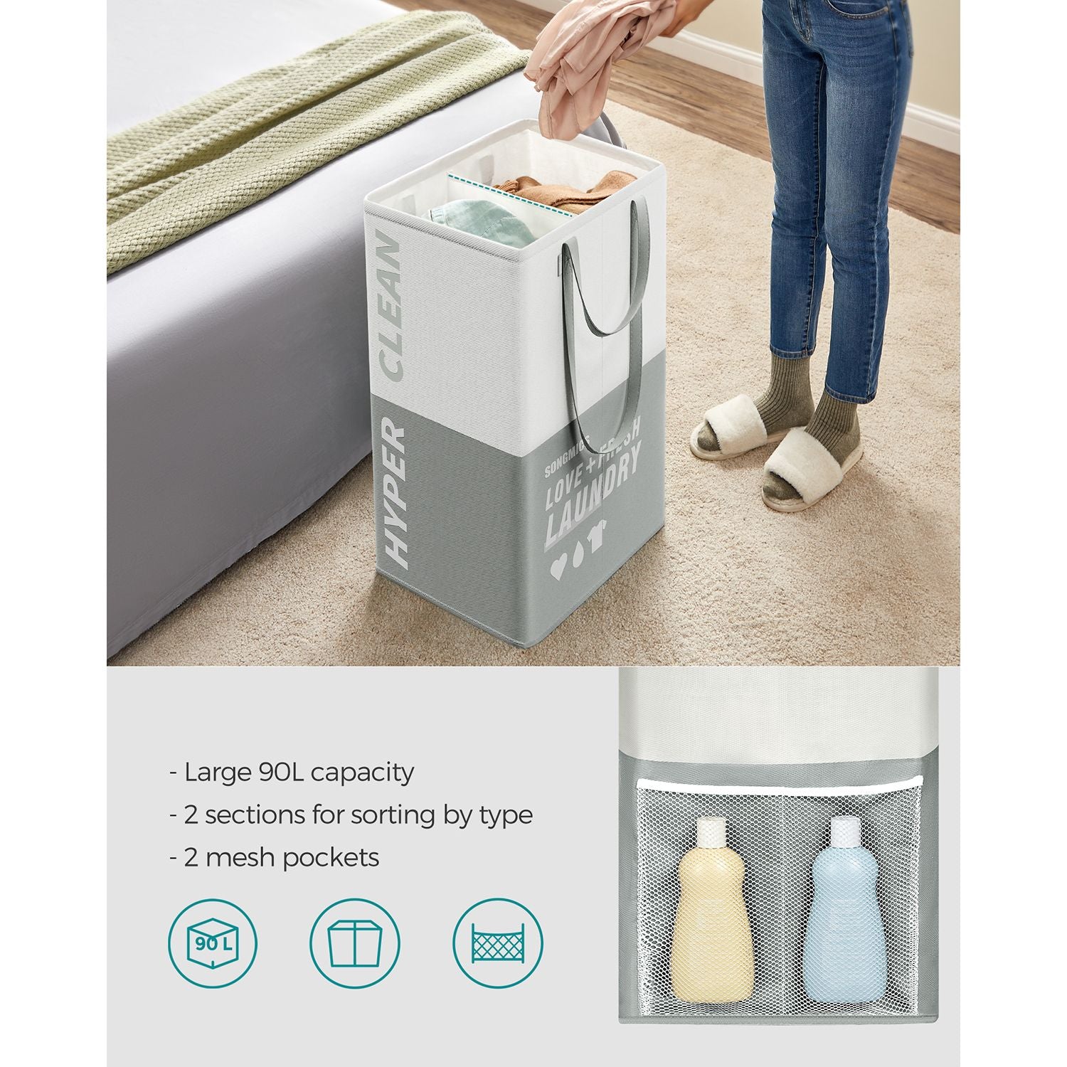 Large Laundry Basket - Fabric - Light Grey - 90L Capacity with 2 Compartments and Foldable Design