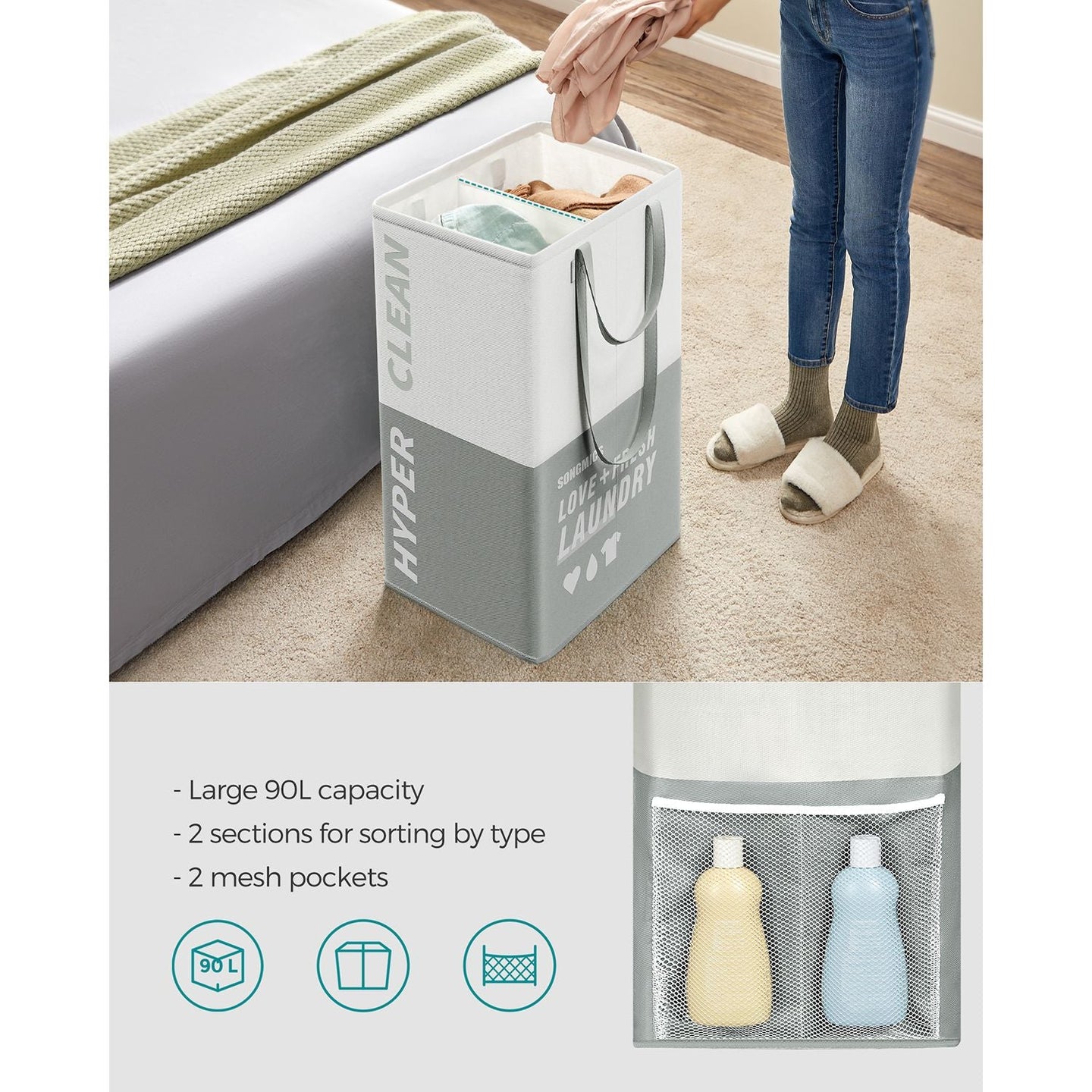 Large Laundry Basket - Fabric - Light Grey - 90L Capacity with 2 Compartments and Foldable Design