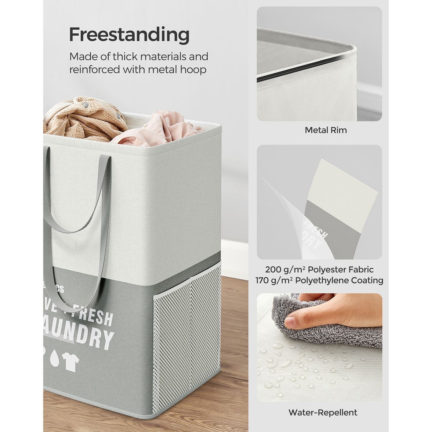 Large Laundry Basket - Fabric - Light Grey - 90L Capacity with 2 Compartments and Foldable Design