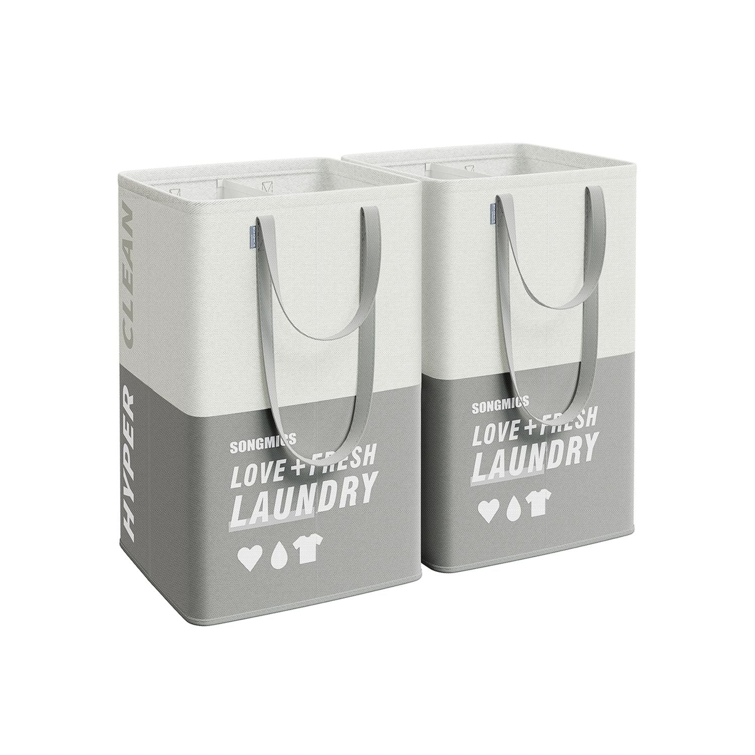 Set of 2 Laundry Baskets - Fabric - Light Grey - 90L Capacity with 2 Compartments