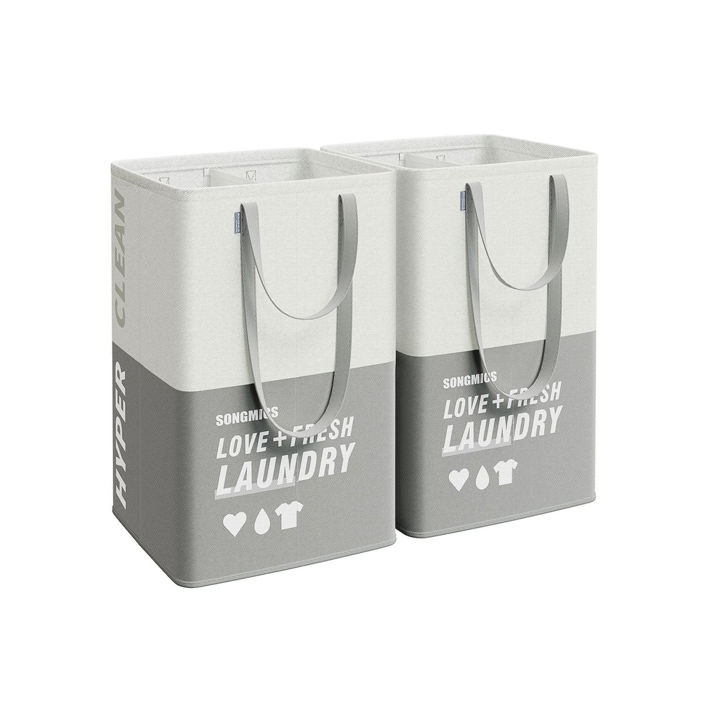 Set of 2 Laundry Baskets - Fabric - Light Grey - 90L Capacity with 2 Compartments