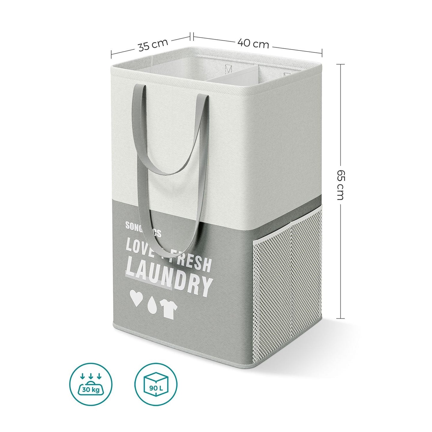 Set of 2 Laundry Baskets - Fabric - Light Grey - 90L Capacity with 2 Compartments
