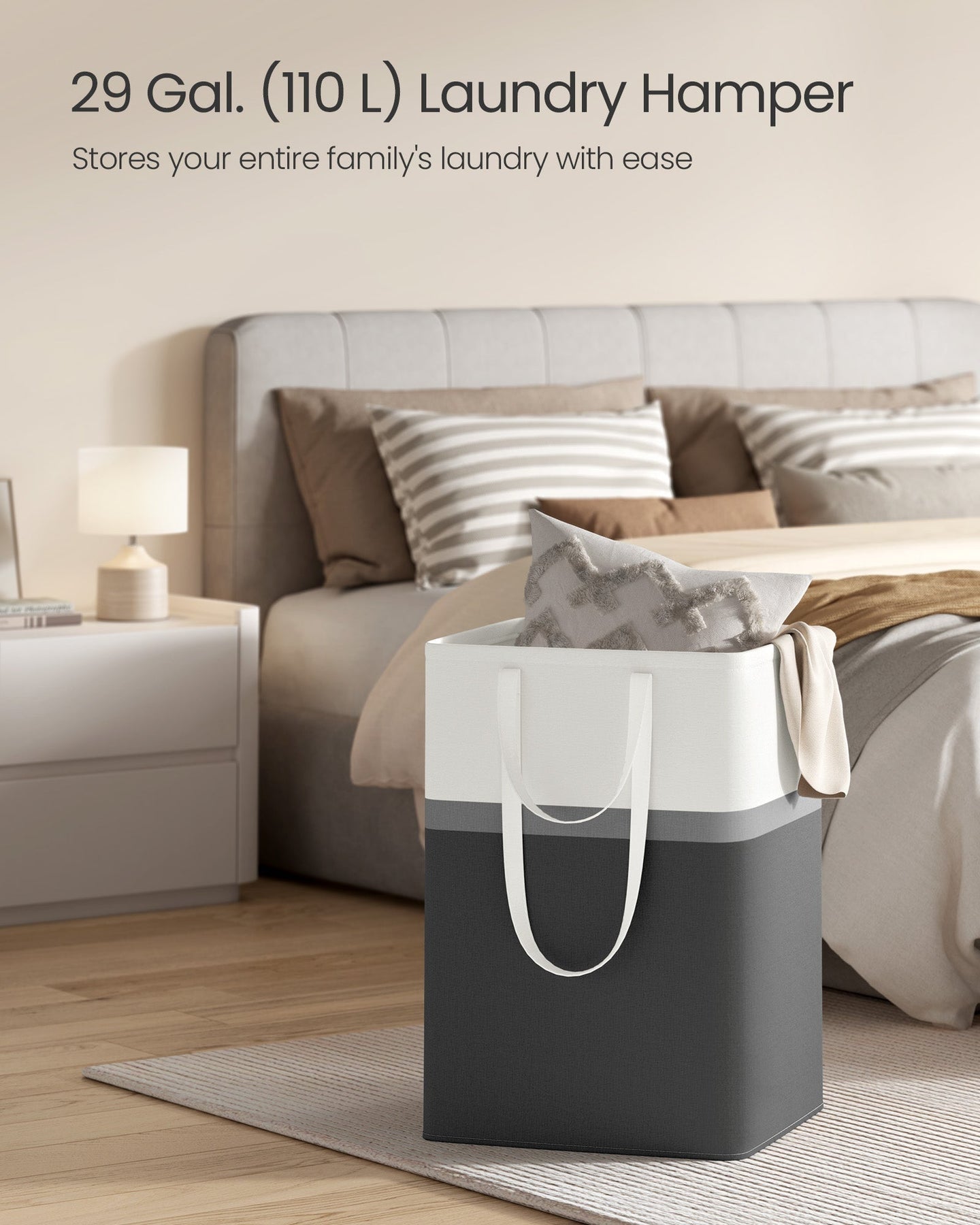 Laundry Hamper Set - 110 L Total Capacity - Fabric - Ink Black - Collapsible with Short and Long Handles