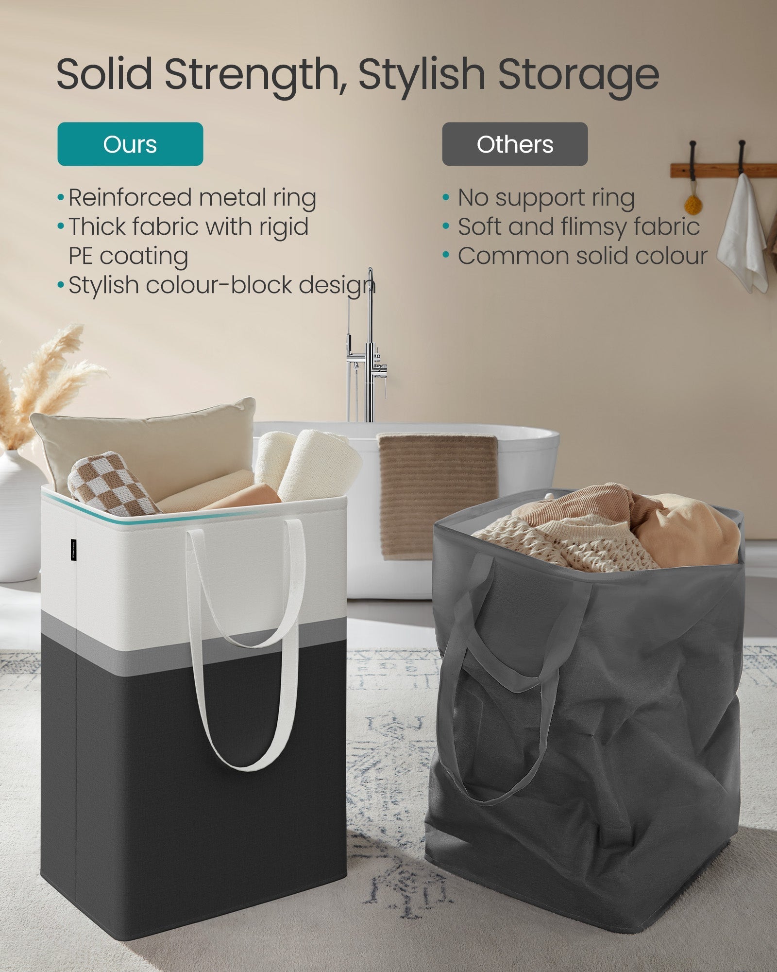Laundry Hamper Set - 110 L Total Capacity - Fabric - Ink Black - Collapsible with Short and Long Handles