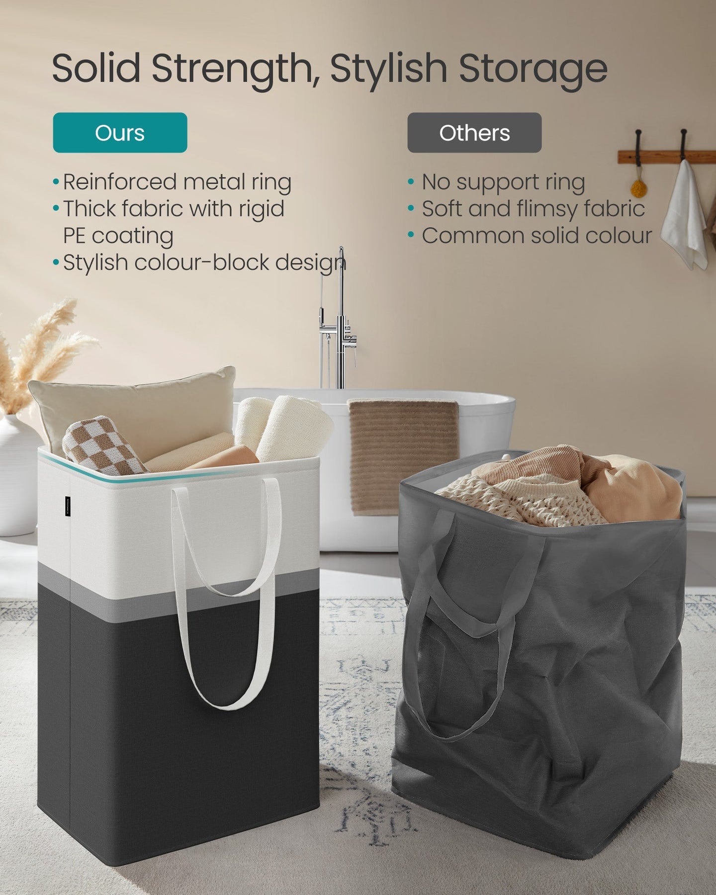 Laundry Hamper Set - 110 L Total Capacity - Fabric - Ink Black - Collapsible with Short and Long Handles