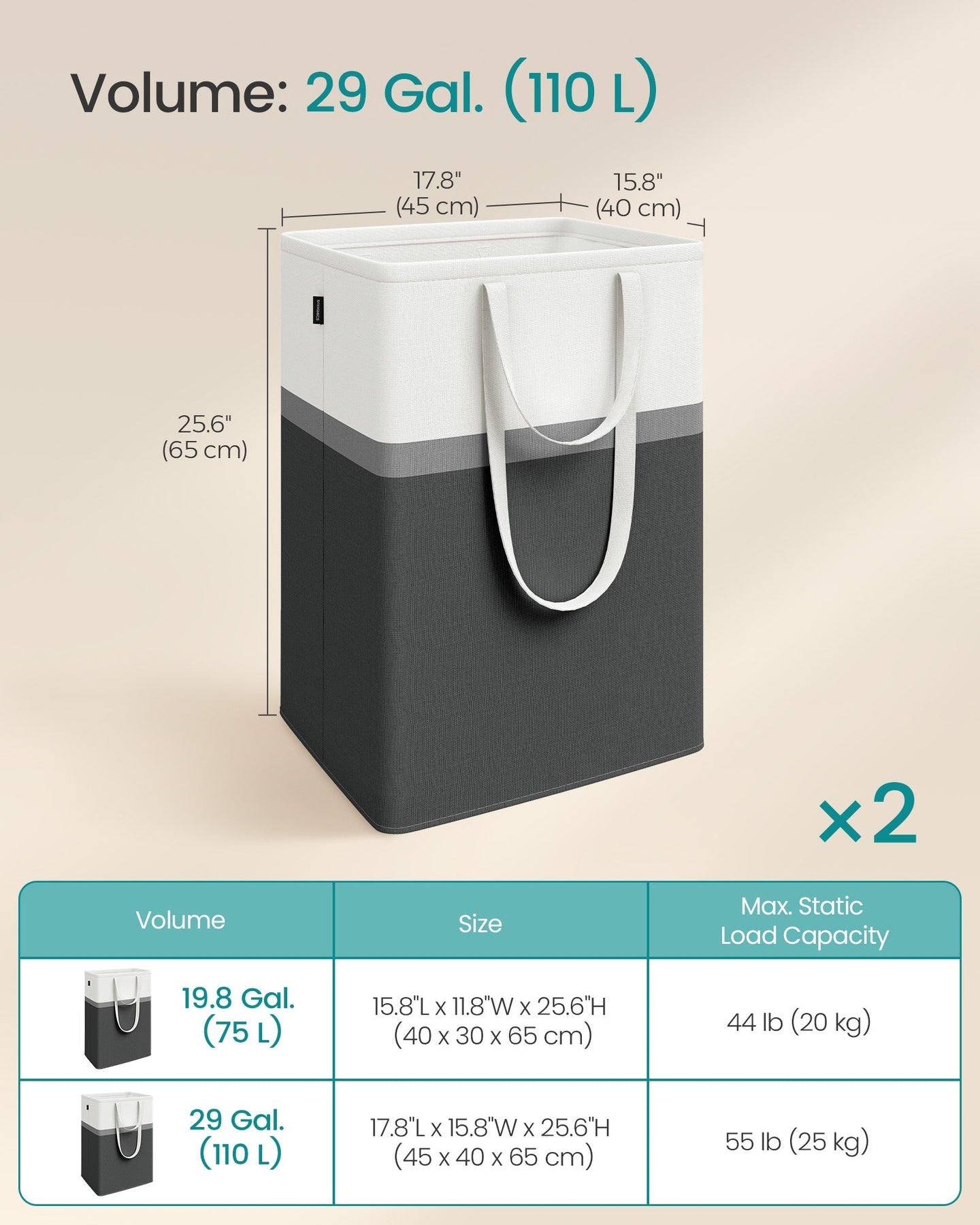 Laundry Hamper Set - 110 L Total Capacity - Fabric - Ink Black - Collapsible with Short and Long Handles