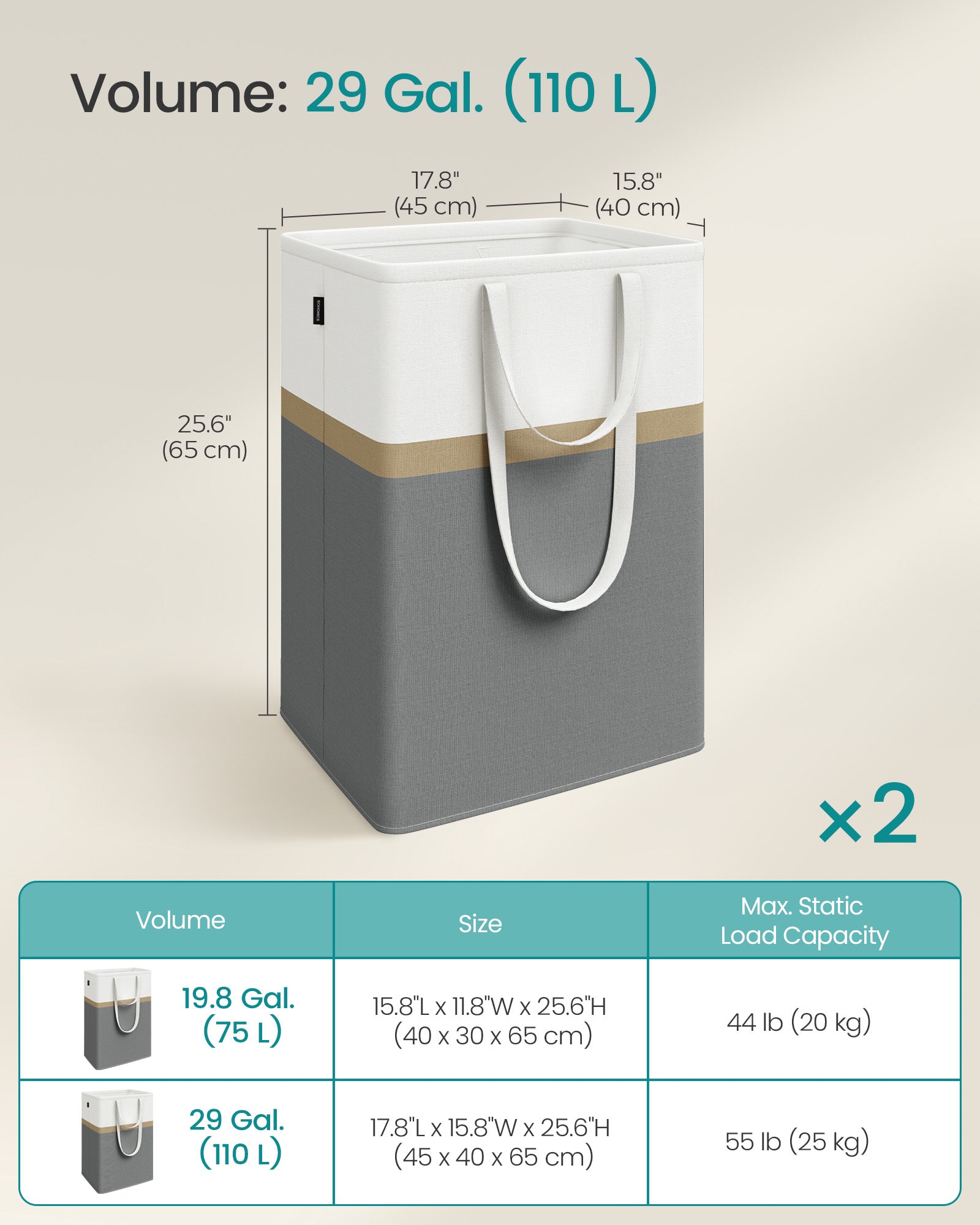 Collapsible Laundry Hampers Set of 2 - Fabric - Slate Grey - Easy to Transport and Clean